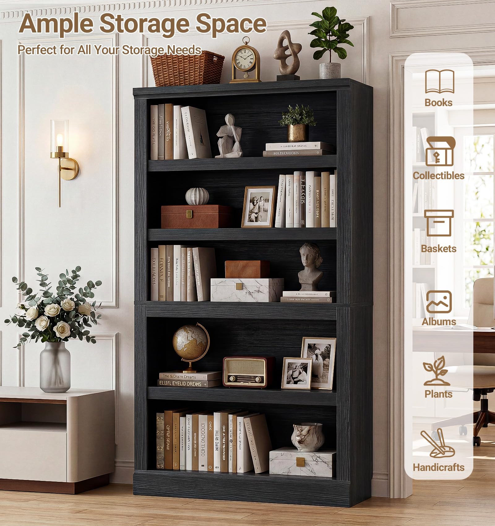 Unikito Bookshelf, 5 Tier Book Shelf, 71 Inch Tall Bookcase with Adjustable Shelves, Open Storage Book Case, Sturdy Display Shelf Stand, Large Bookshelves for Living Room, Home Office, Bedroom, Black