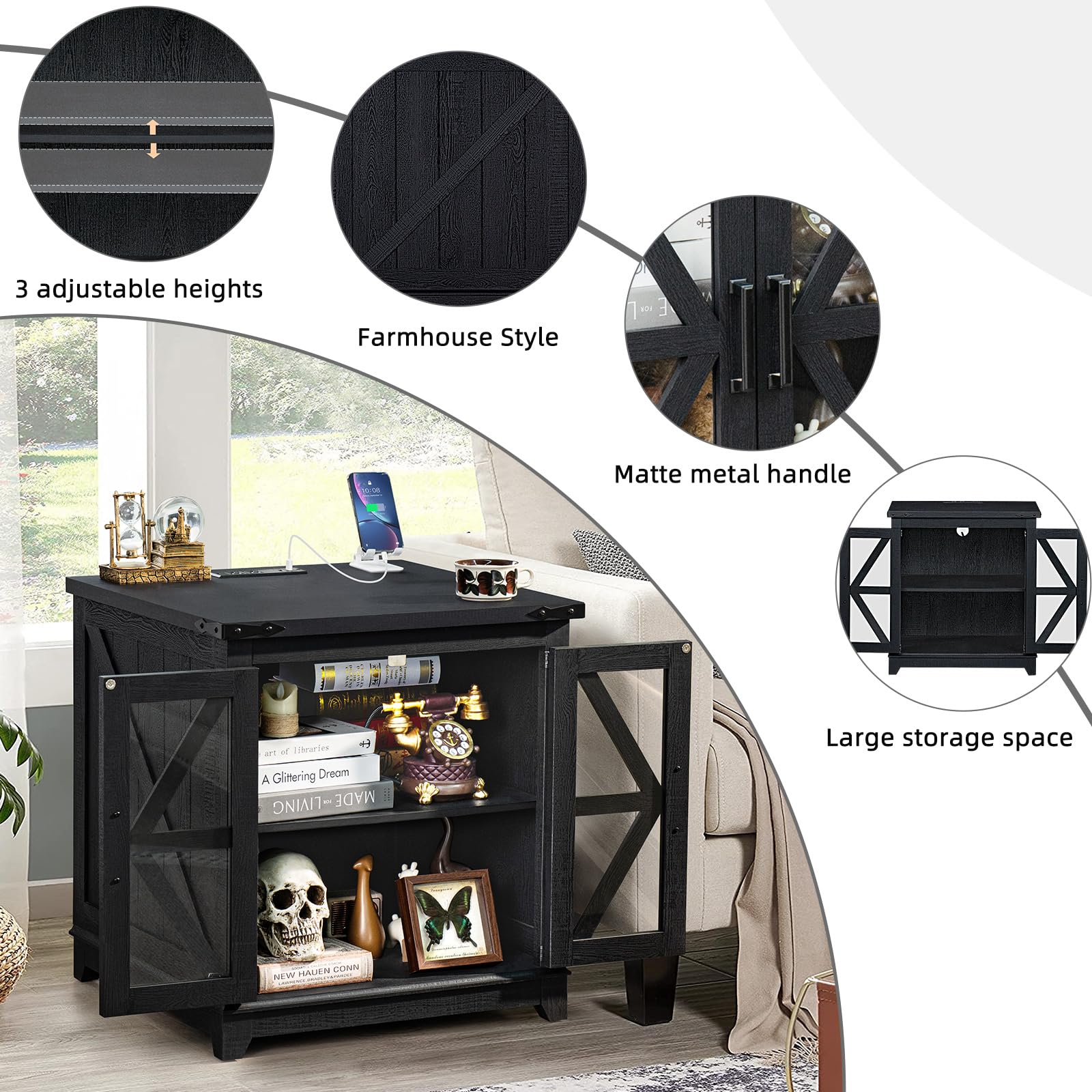 Farmhouse End Table with Charging Station & Glass Barn Door