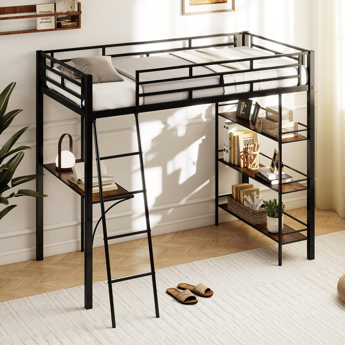 GIANTEX Twin Size Loft Bed with Desk & Shelves, Metal Bed Frame with Inclined Ladder & Full-Length Guardrails, High Loft Bed for Kids, Teens, Home, Dorm, Apartment, No Box Spring Needed