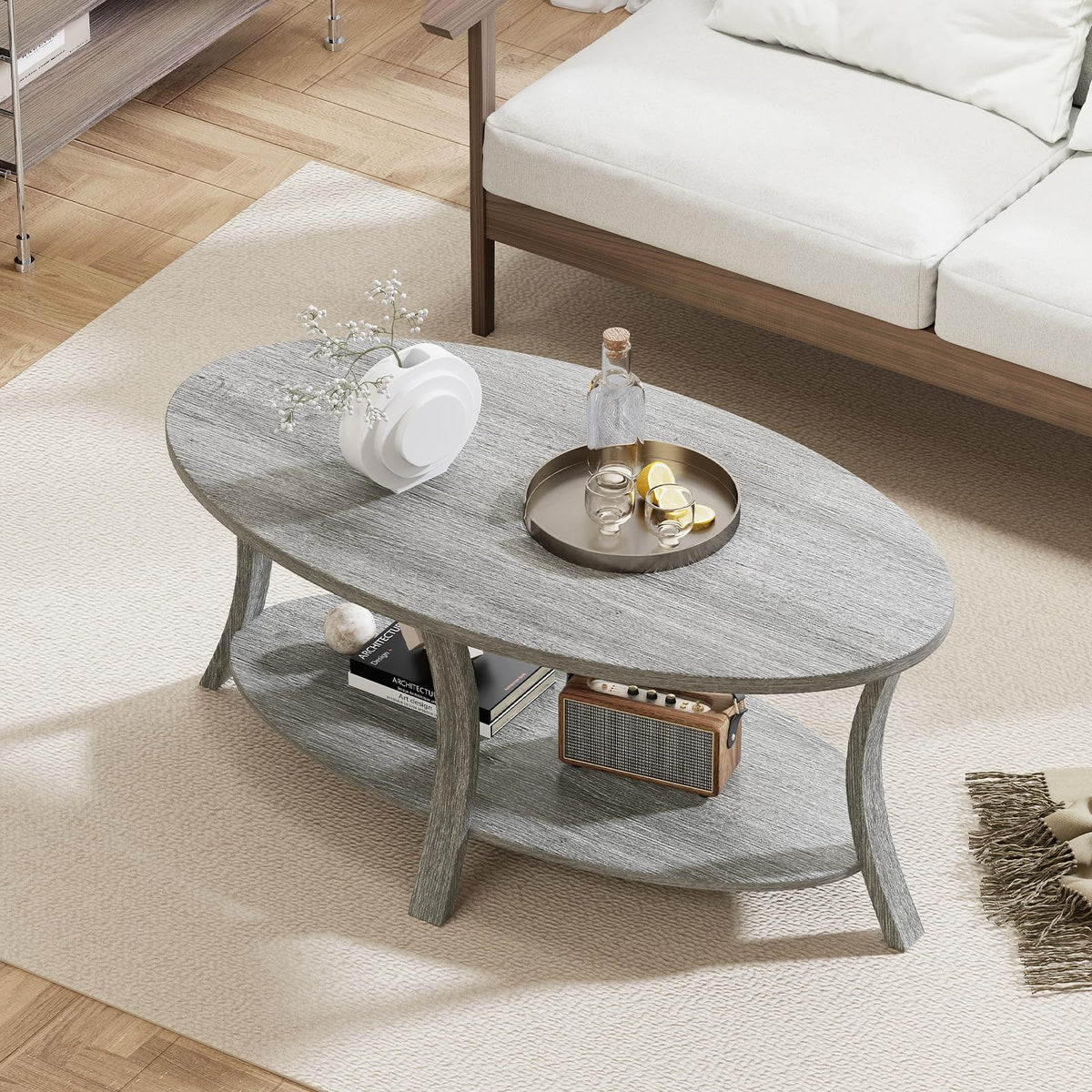 Gray Oval Coffee Table with Storage