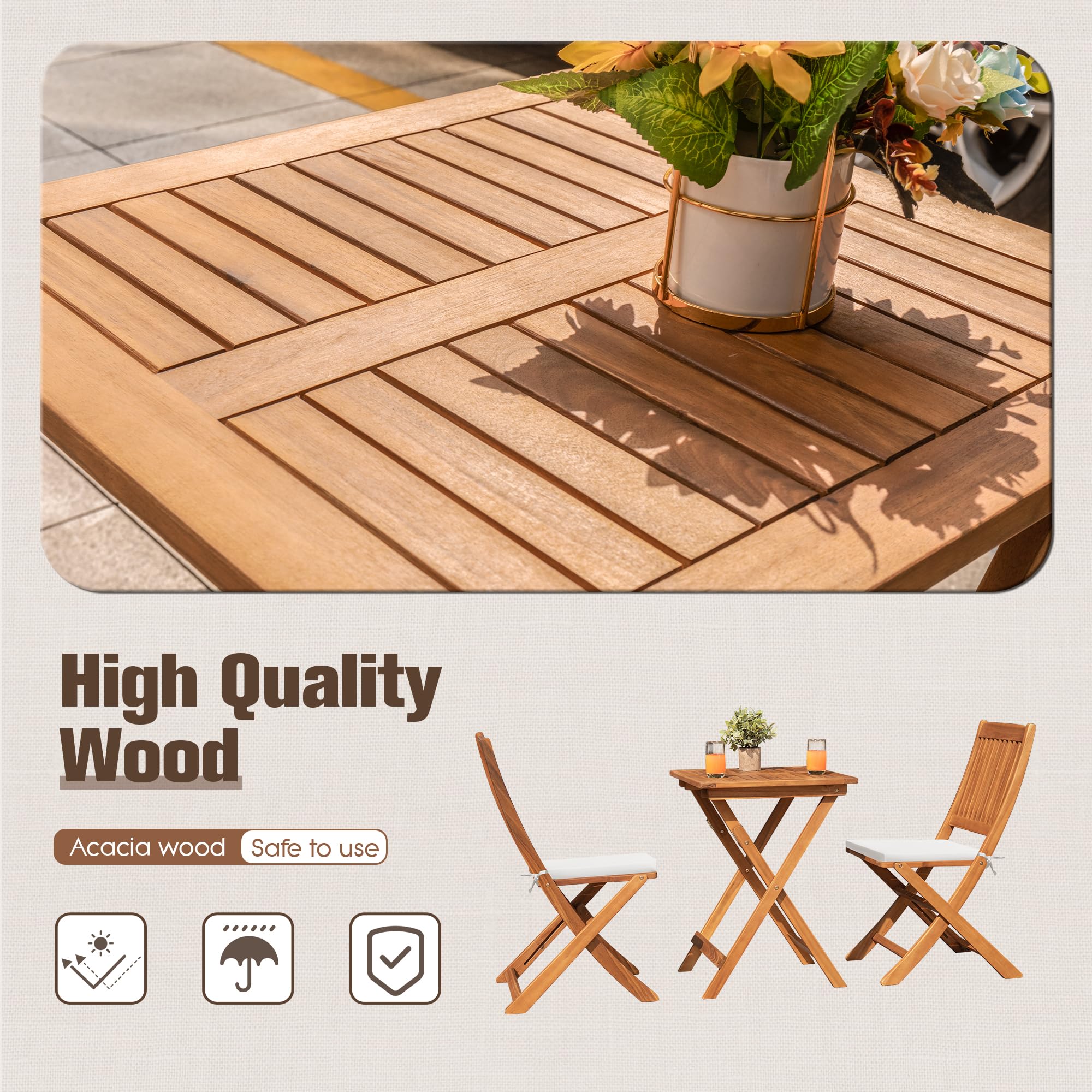 3-Piece Folding Patio Bistro Set – Acacia Wood
