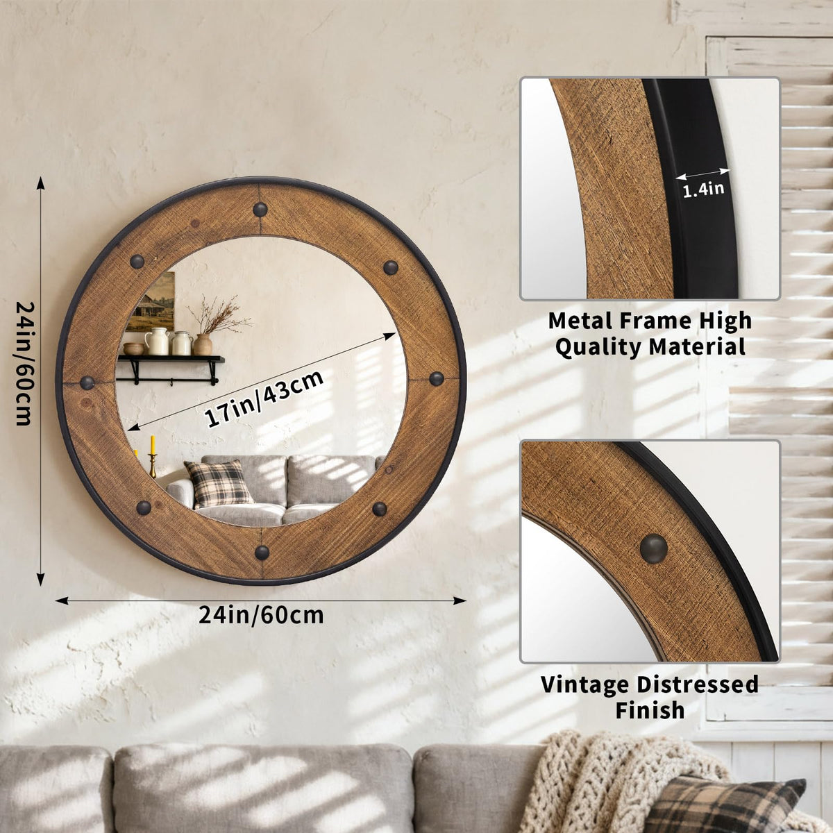 Rustic Round Wood Wall Mirror