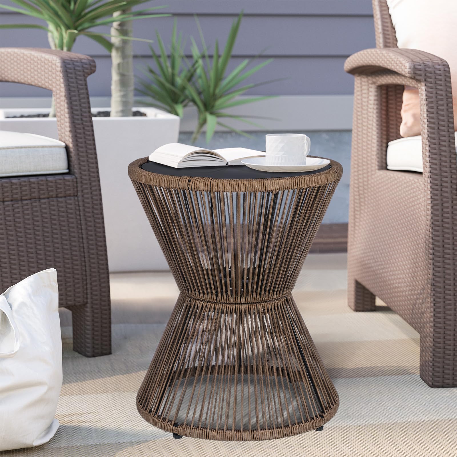 Woven Rope Outdoor Side Table with Glass Top