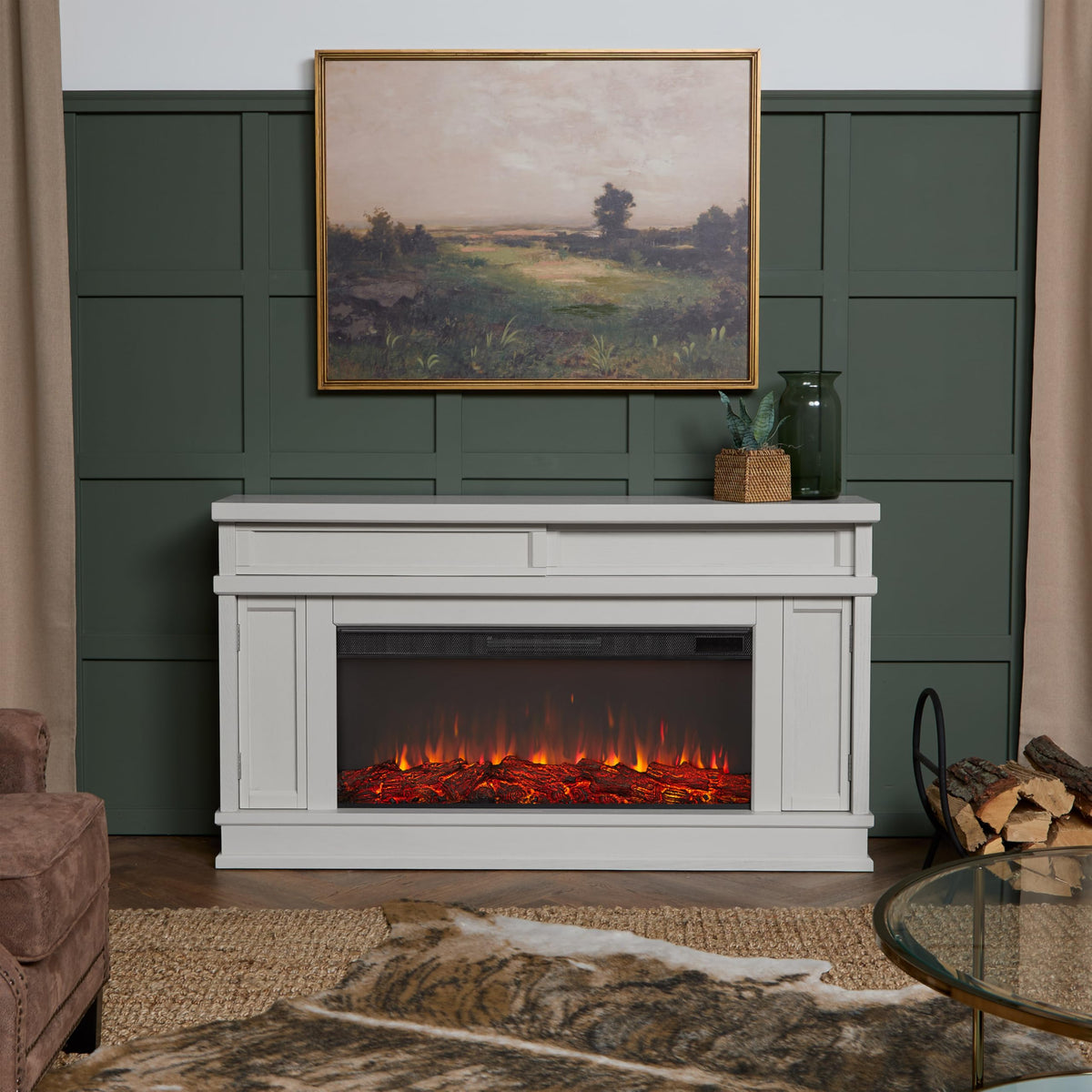 Real Flame Torrey 60” Electric Fireplace TV Stand for TVs up to 60 inches, Entertainment Center with Adjustable Shelves and Hidden Storage, TV Stand for Living Room and Bedroom, Bone White