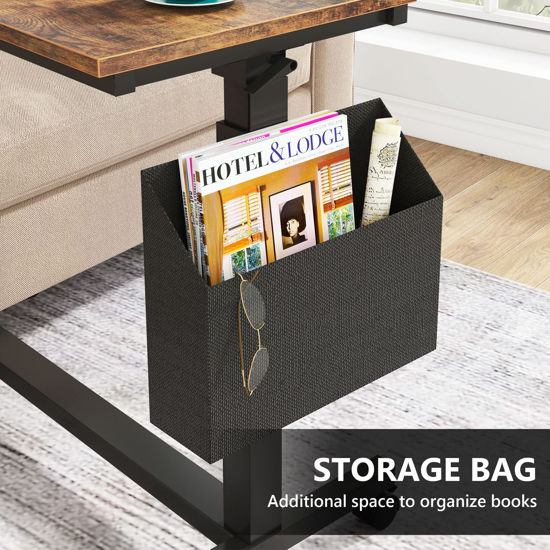 Height Adjustable C-Shaped End Table with Wheels