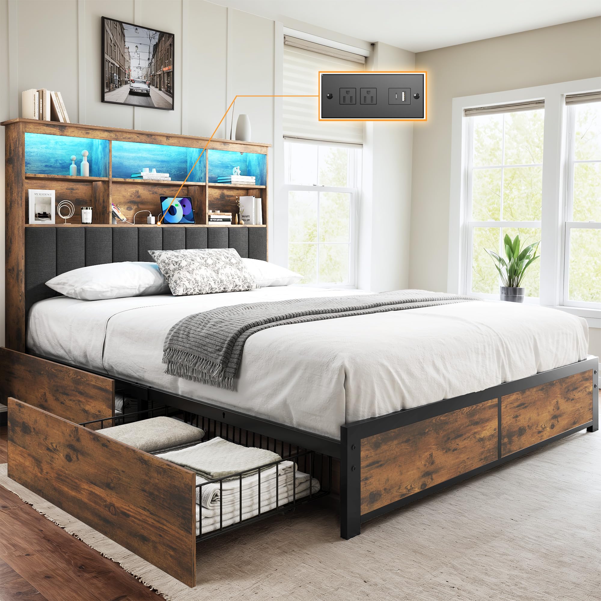 Storage Bed Frame with Bookcase Headboard, LED & Charging Station