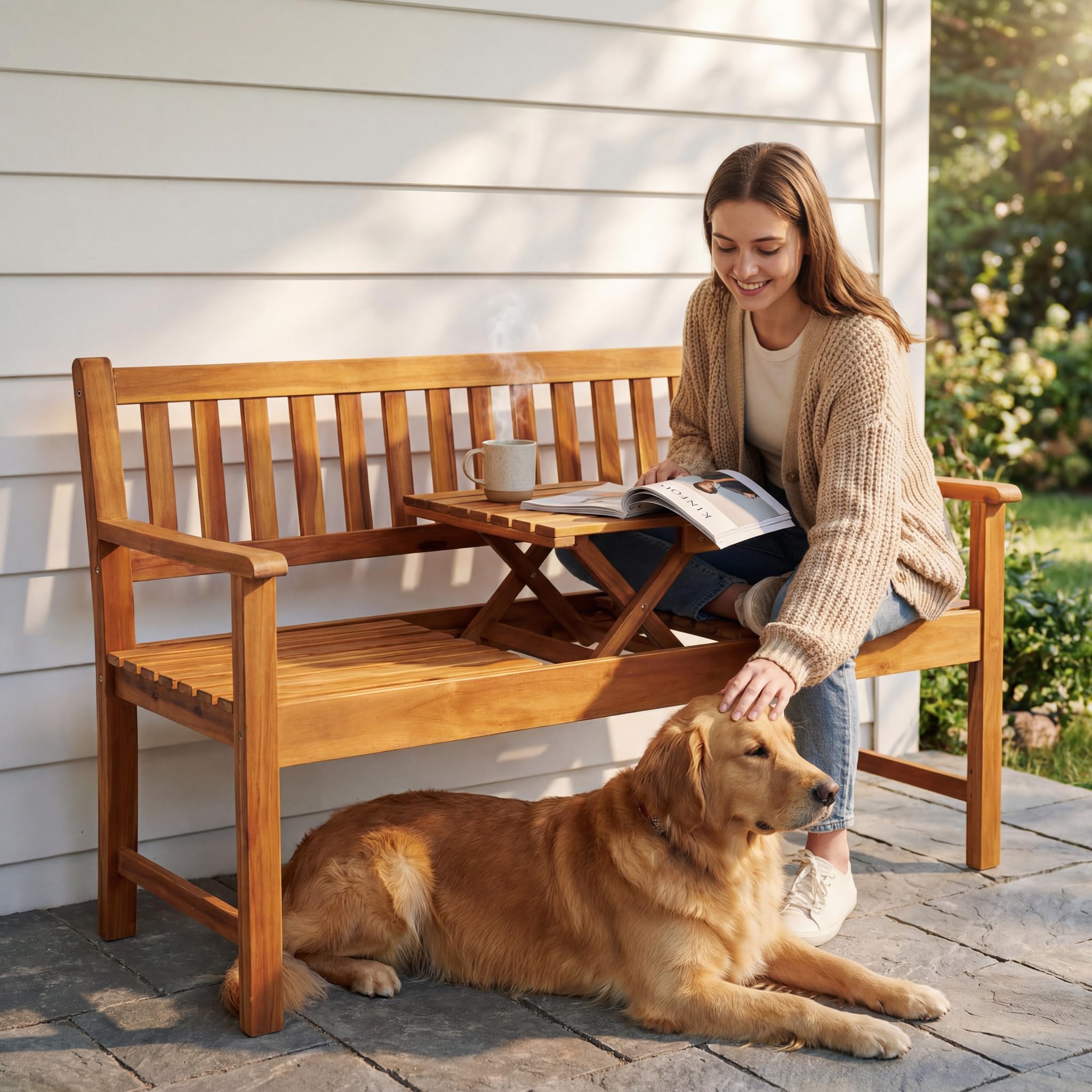 Acacia Wood Outdoor Bench with Pull-Out Center Table