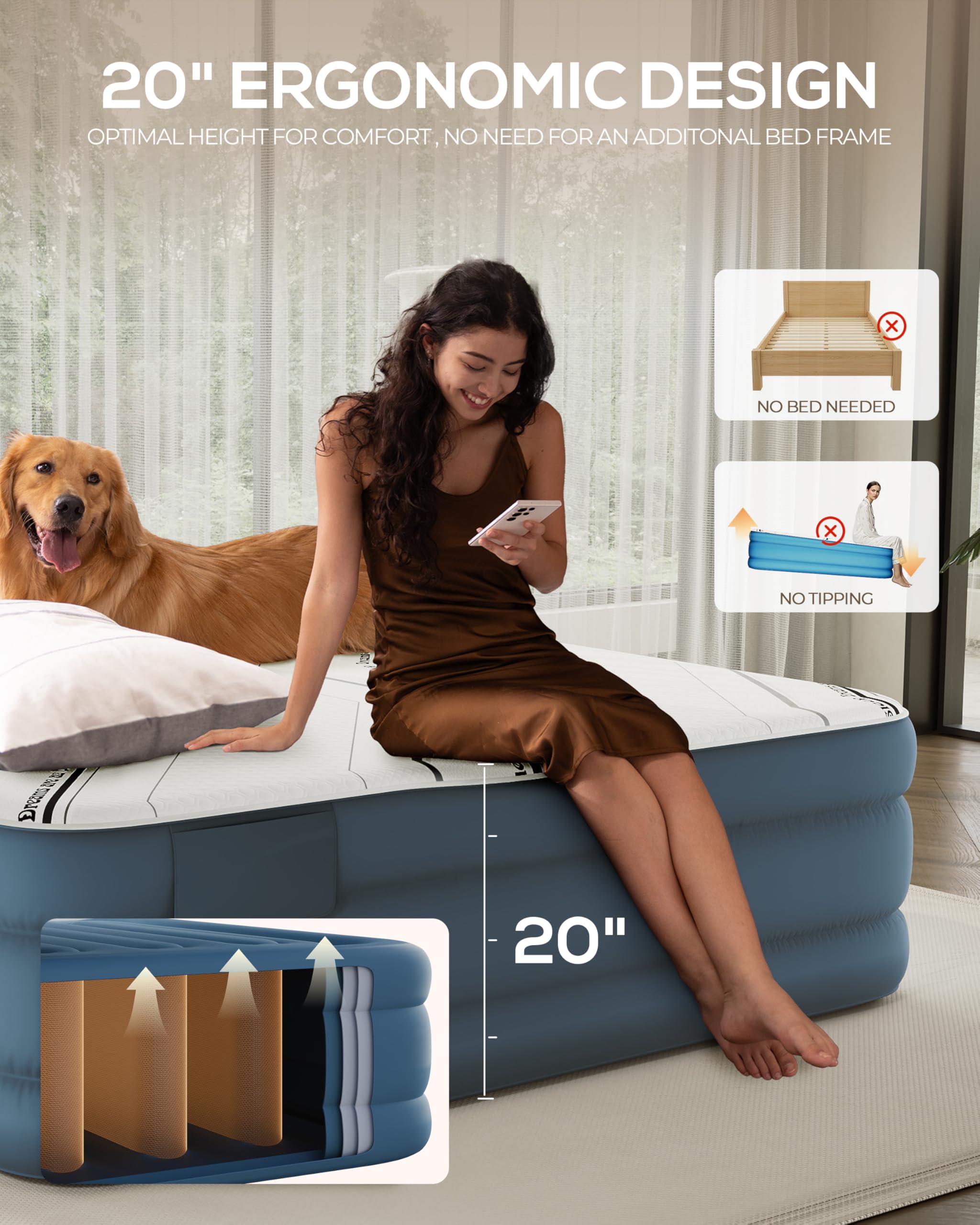 Queen Air Mattress with Quilted Foam Topper – 20" Tall