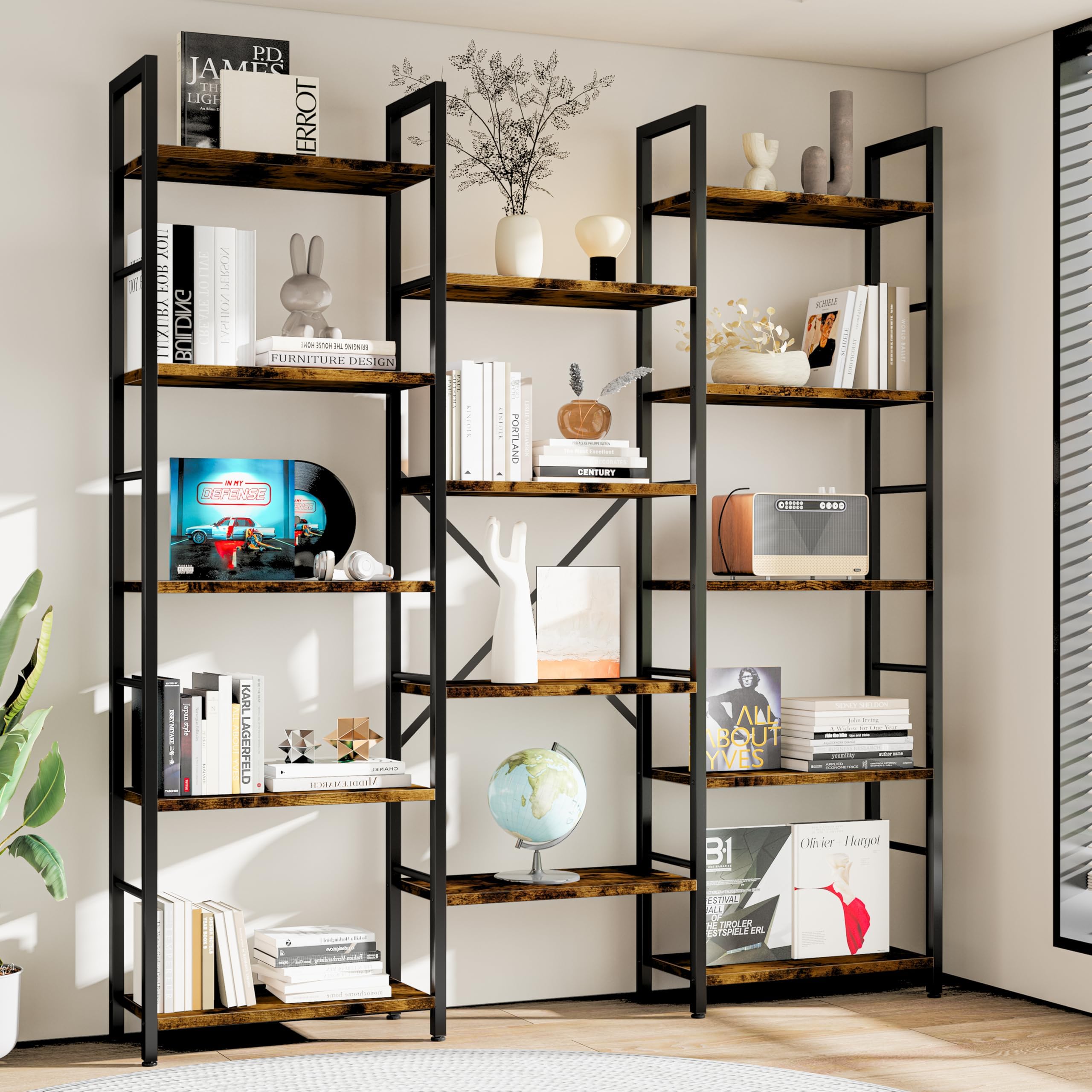 Triple Wide 5-Tier Bookshelf with 14 Shelves