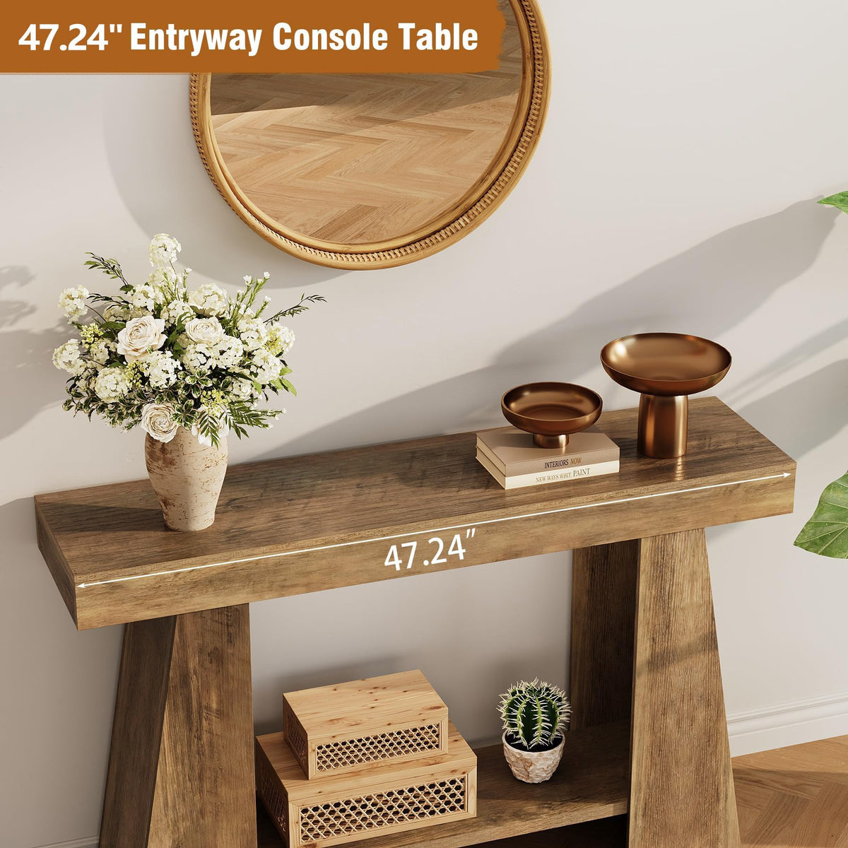 47.24" Farmhouse Entryway Console Table, Narrow Sofa Table Behind Couch, Wooden Rectangular Small Entry Table with Storage Shelves for Narrow Entrance, Stairwell, Hallway, Living Room, Small Foyer