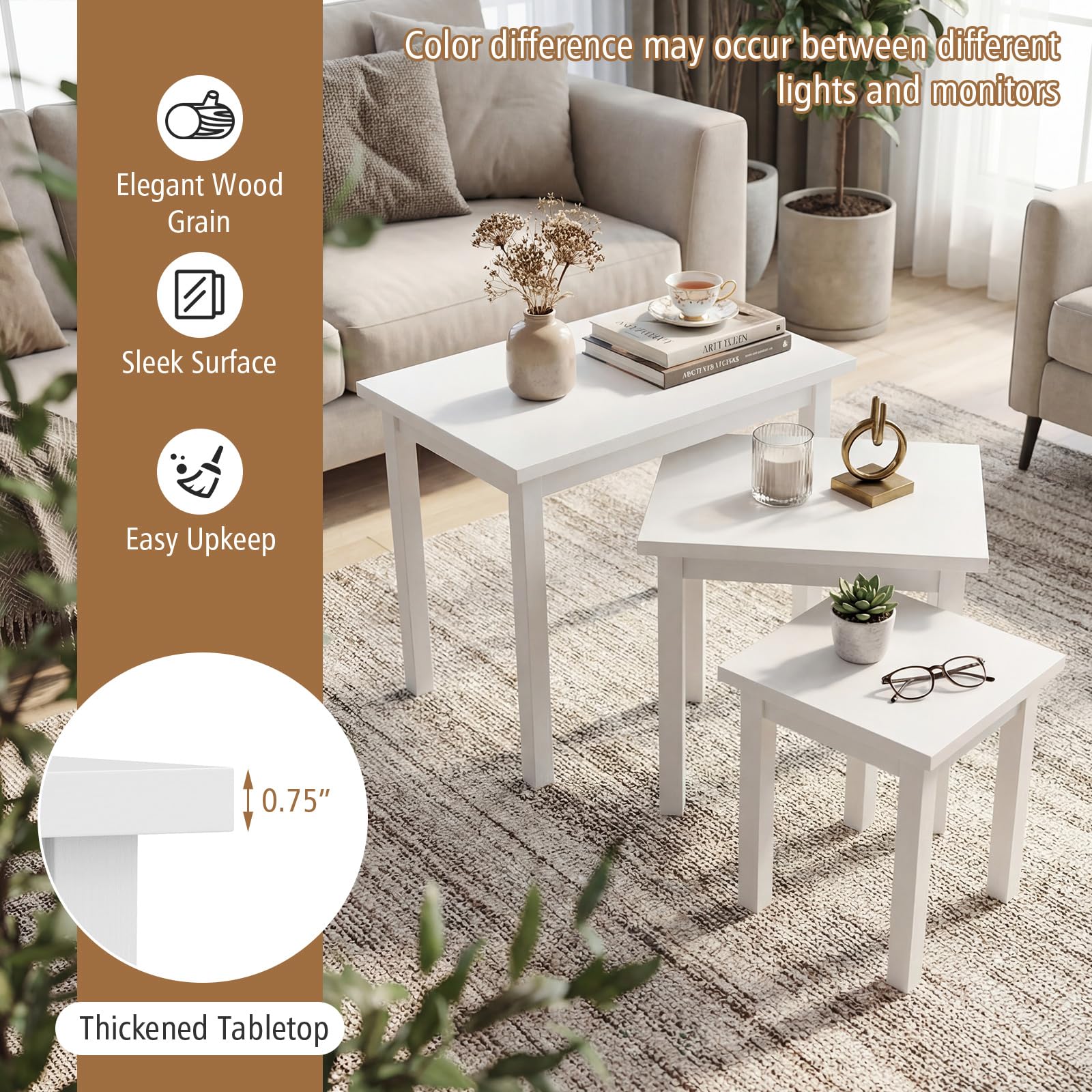 Farmhouse Nesting Side Tables – Set of 3, Wood & Rubber Legs