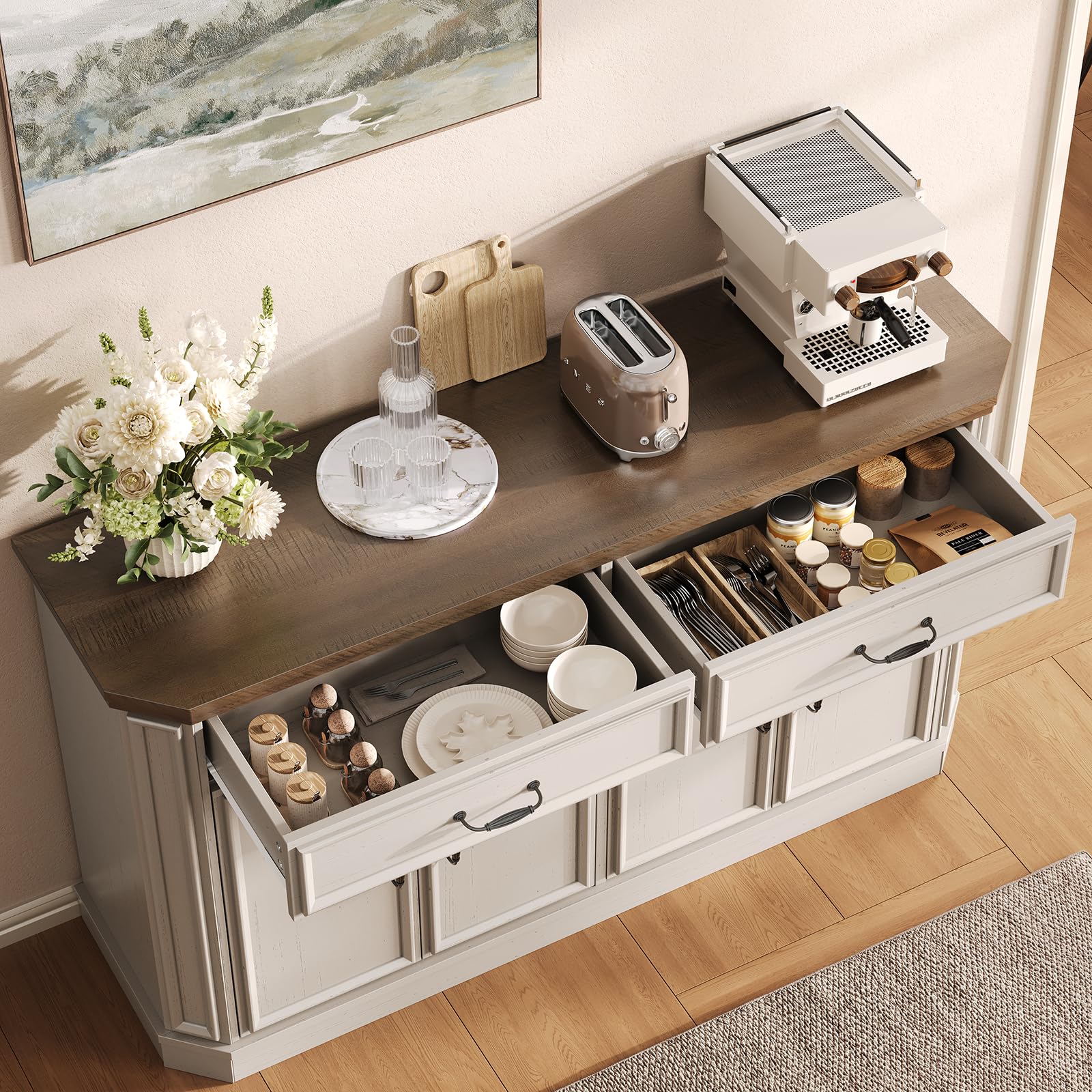 55" Sideboard Buffet Cabinet with Drawers & Adjustable Shelves
