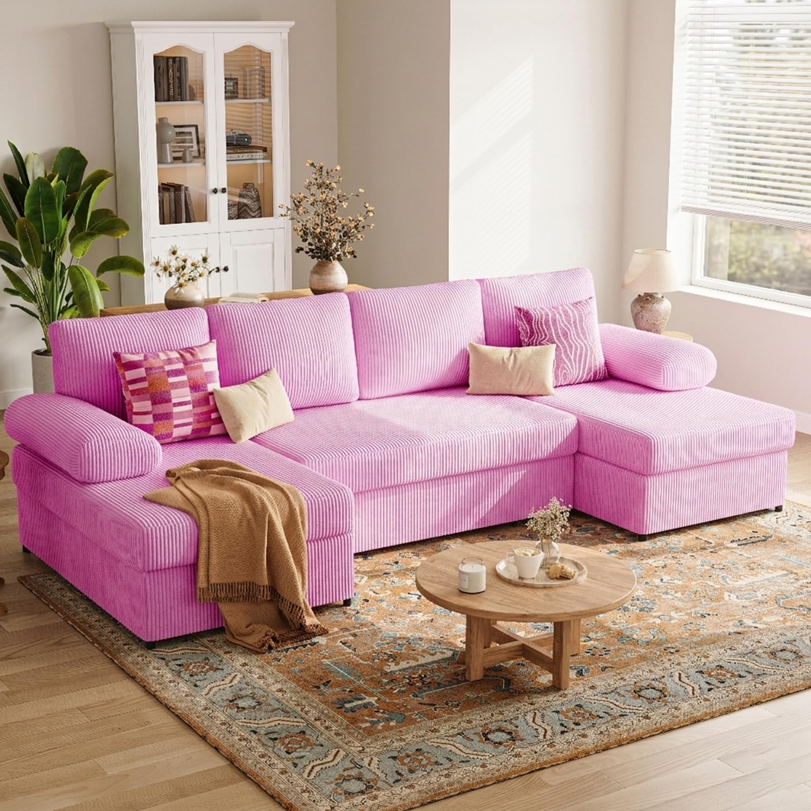 TROMIRY 112 Inch U Shaped Sectional Couch for Living Room Apartment 4 Seater Corduroy Sofa for Apartment | Pink