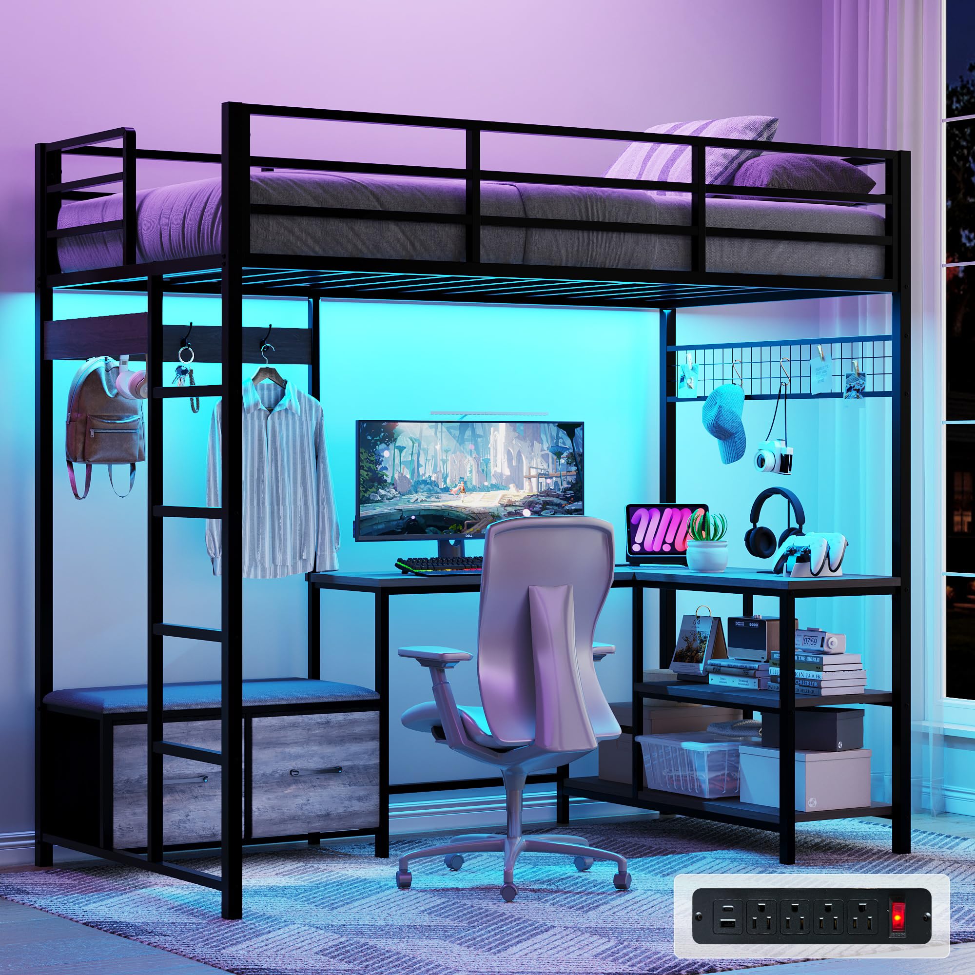 Vabches Twin Loft Bed with L-Shaped Desk,LED Lights,Charging Station,Metal Kids Loft Bed Twin Size with Storage Drawers,Coat Rack,Safety Guardrail & Ladder for Teen,Gray