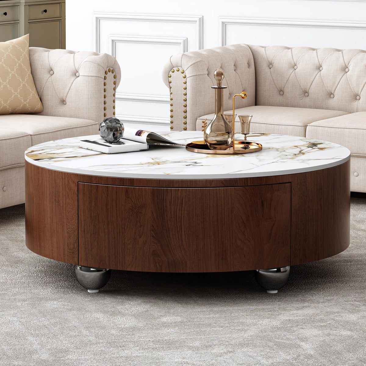 Round Stone Coffee Table with Drawers