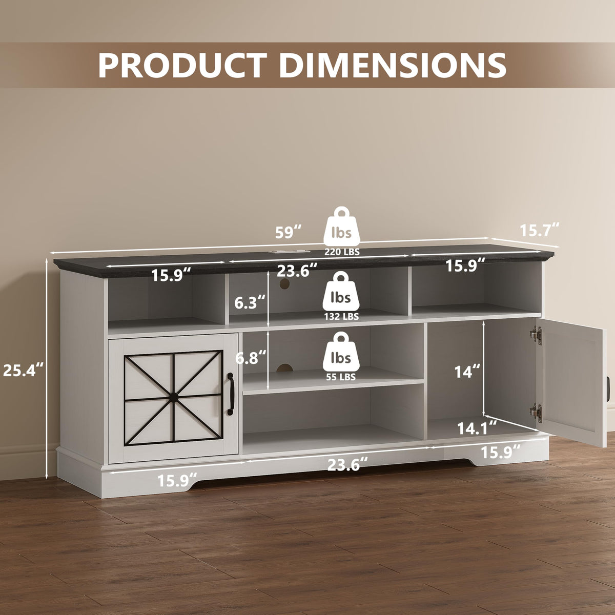 ANYMAPLE TV Stand for 65 Inch TV, Farmhouse Entertainment Center with RGB LED Lights, 59 Inch Media Console with Adjustable Center Shelf and Storage Cabinets, Rustic Barn Door Style