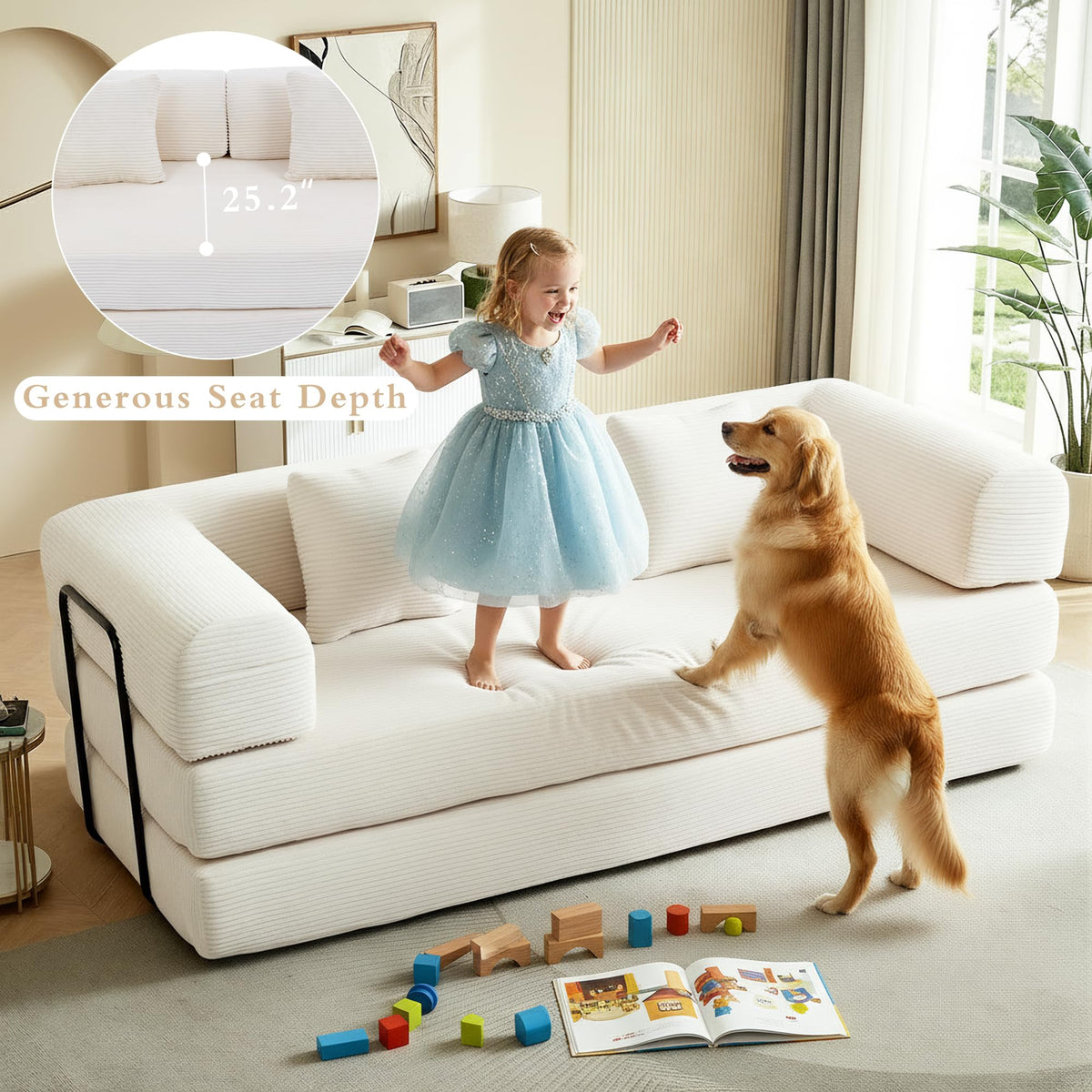 GAOHAPY 80 Inch Multi-Functional Convertible Sofa Bed, Fixed Shape Frame, High Density Foam with Corduroy, Easy Assembly, for Living Room and Bedroom. (Beige)