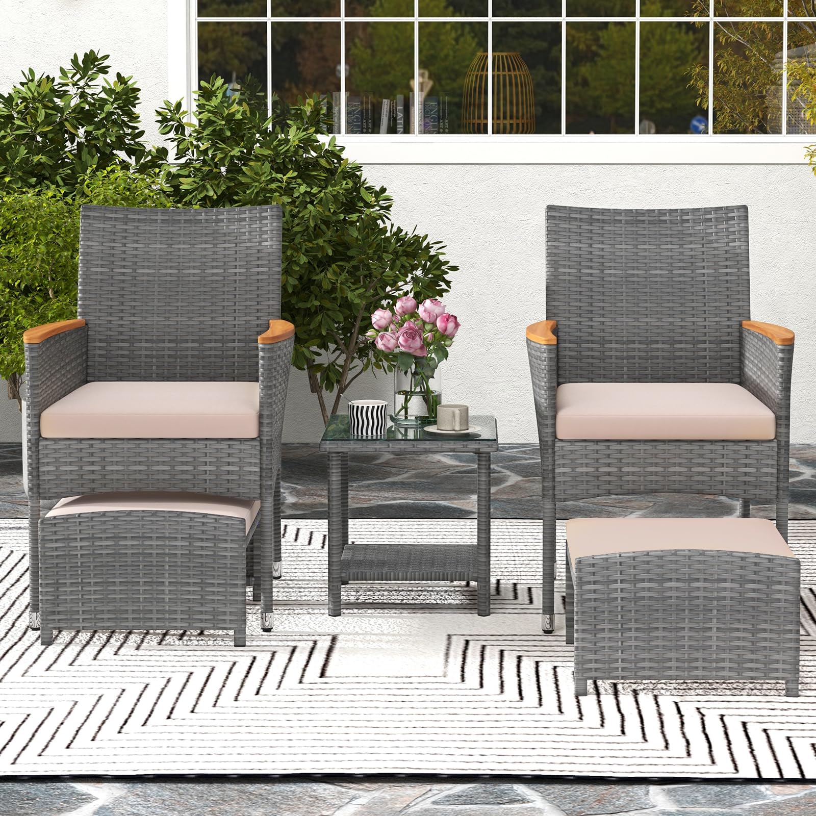 5-Piece Wicker Patio Conversation Set with Ottomans & Coffee Table