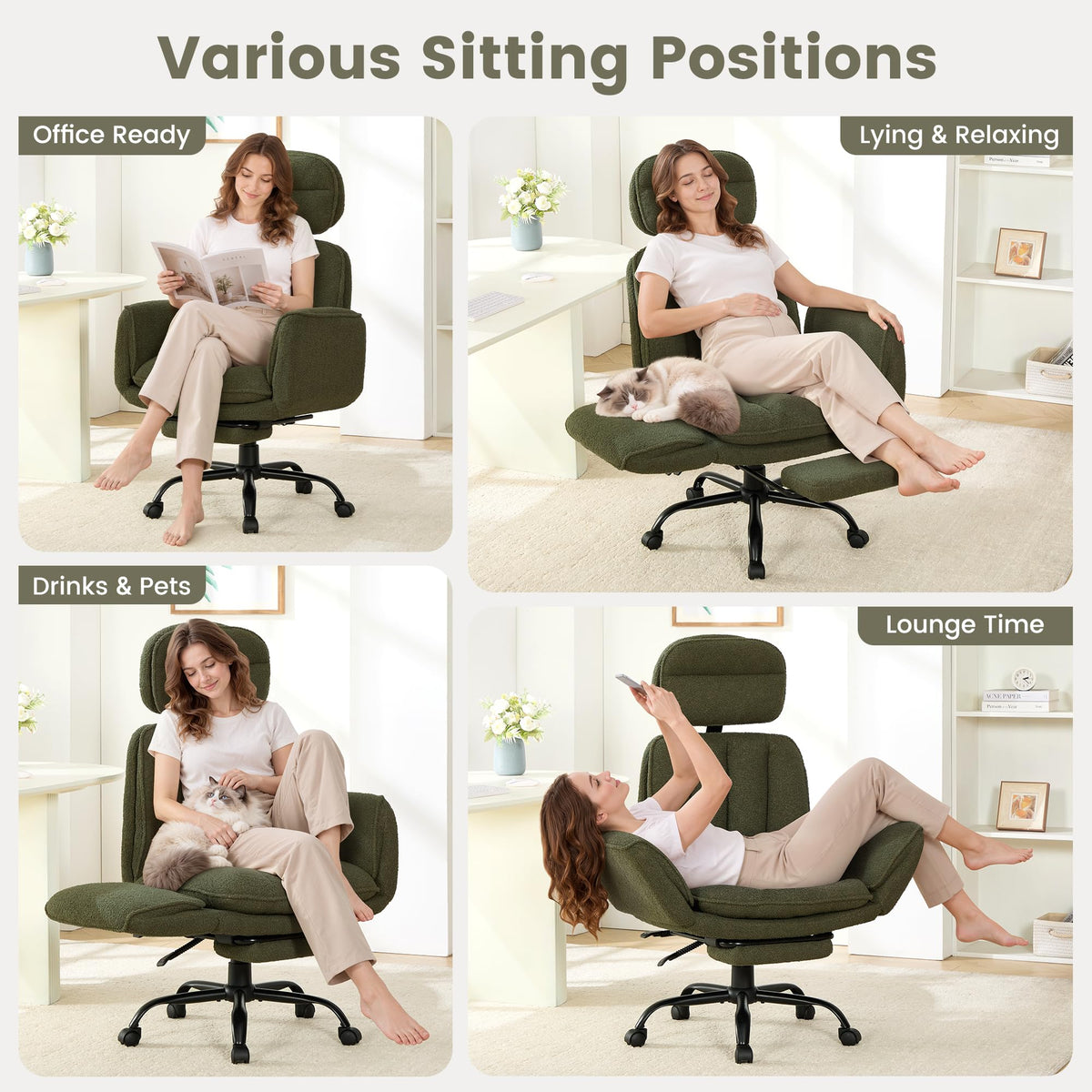 YUUIJOAA Big and Tall Office Chair with Flip Armrests, Teddy Criss Cross Legged Ergonomic Computer Gaming Chair with Foot Rest, Extra Wide Seat Office Desk Reclining Chair with Pet Seat, Green