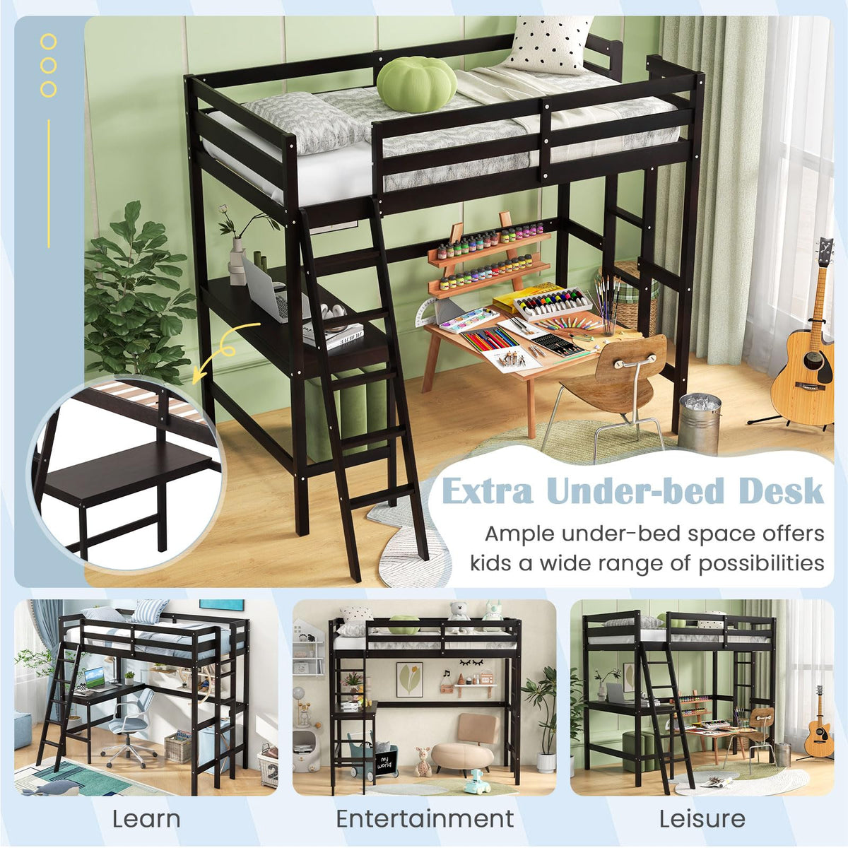 GIANTEX Twin Size Loft Bed with Desk, Solid Wood Loft Bed with 2 Ladders & Full Length Guardrail, Modern Space-Saving Twin Bed Frame for Kids Teens Adults, No Box Spring Needed, Espresso