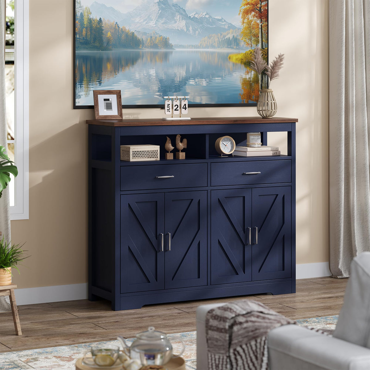 knoworld Sideboard Buffet Cabinet with Storage & Shelves, Farmhouse Kitchen Storage Cabinet Wood Coffee Bar Sideboard Cabinet with 4 Doors for Kitchen, Living Room, Entryway, 47" W Blue