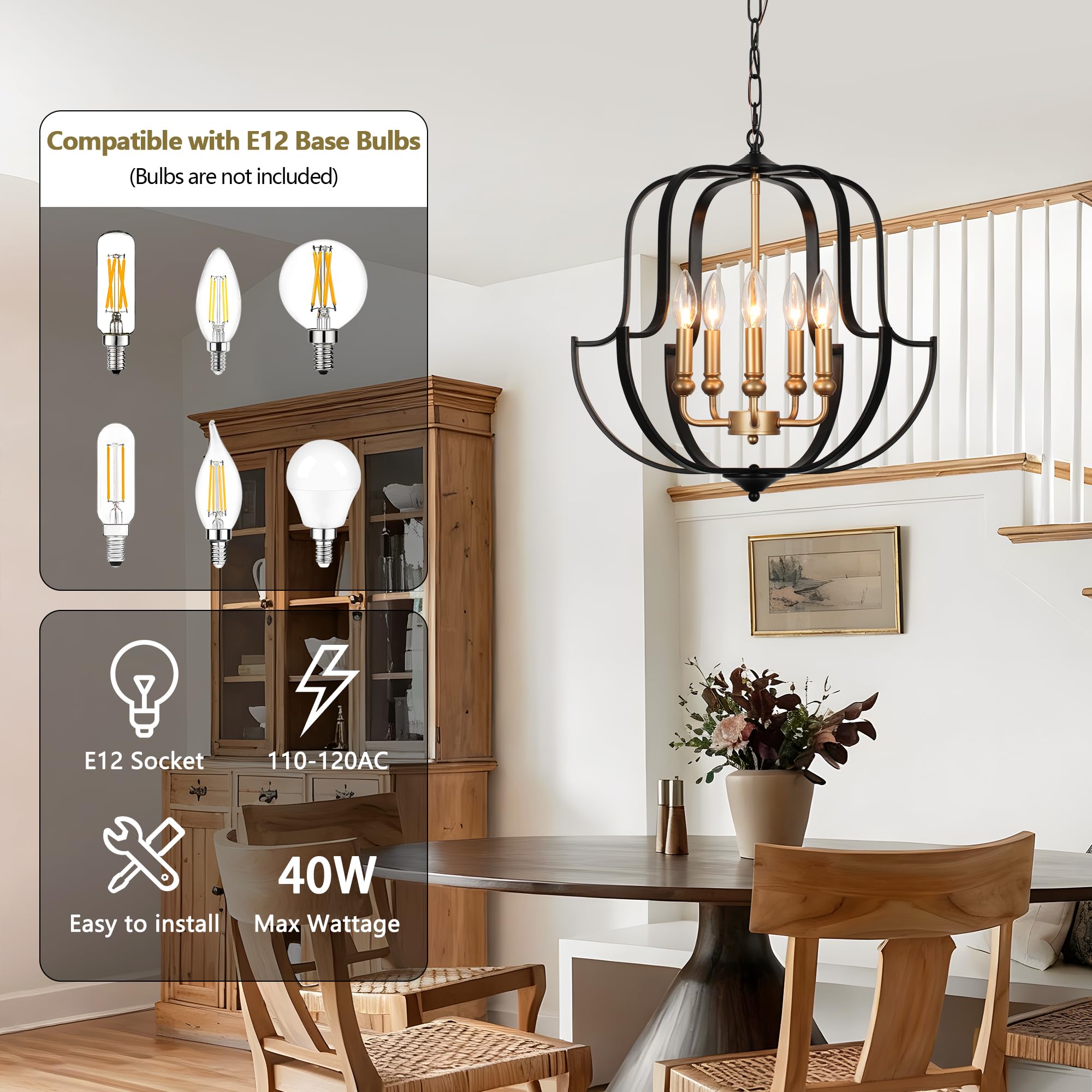 QMNHAU 19" Black and Gold Chandelier for Dining Room, 5-Light Rustic Farmhouse Chandeliers Modern Industrial Hanging Pendant Light for Kitchen Entryway Hallway Foyer Living Room