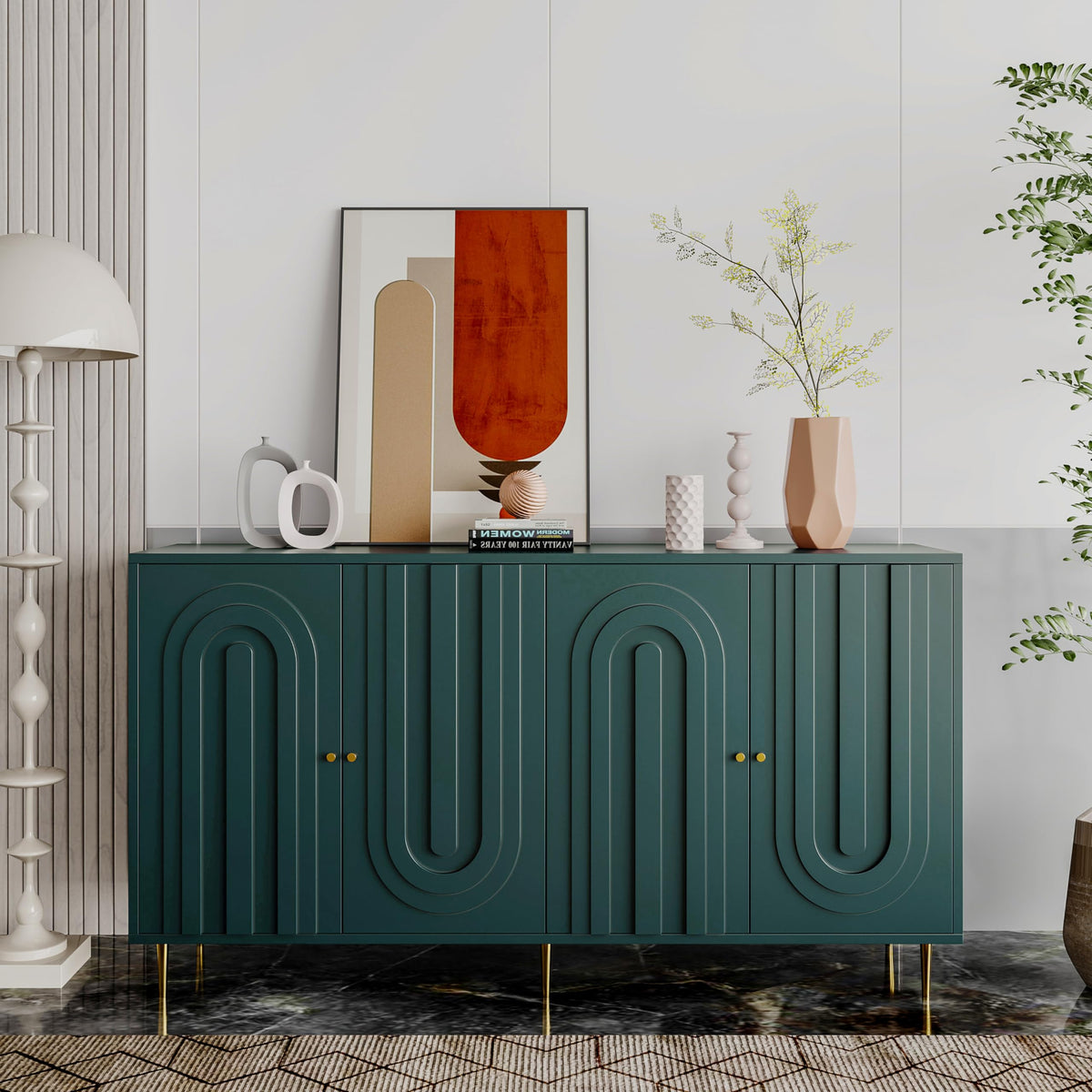 QIANYEWANG Modern Blue Lacquered 4 Door Wooden Cabinet Sideboard Buffet Server Cabinet Storage Cabinet, for Living Room, Entryway, Hallway, Office, Kitchen and Dining Room ，Green