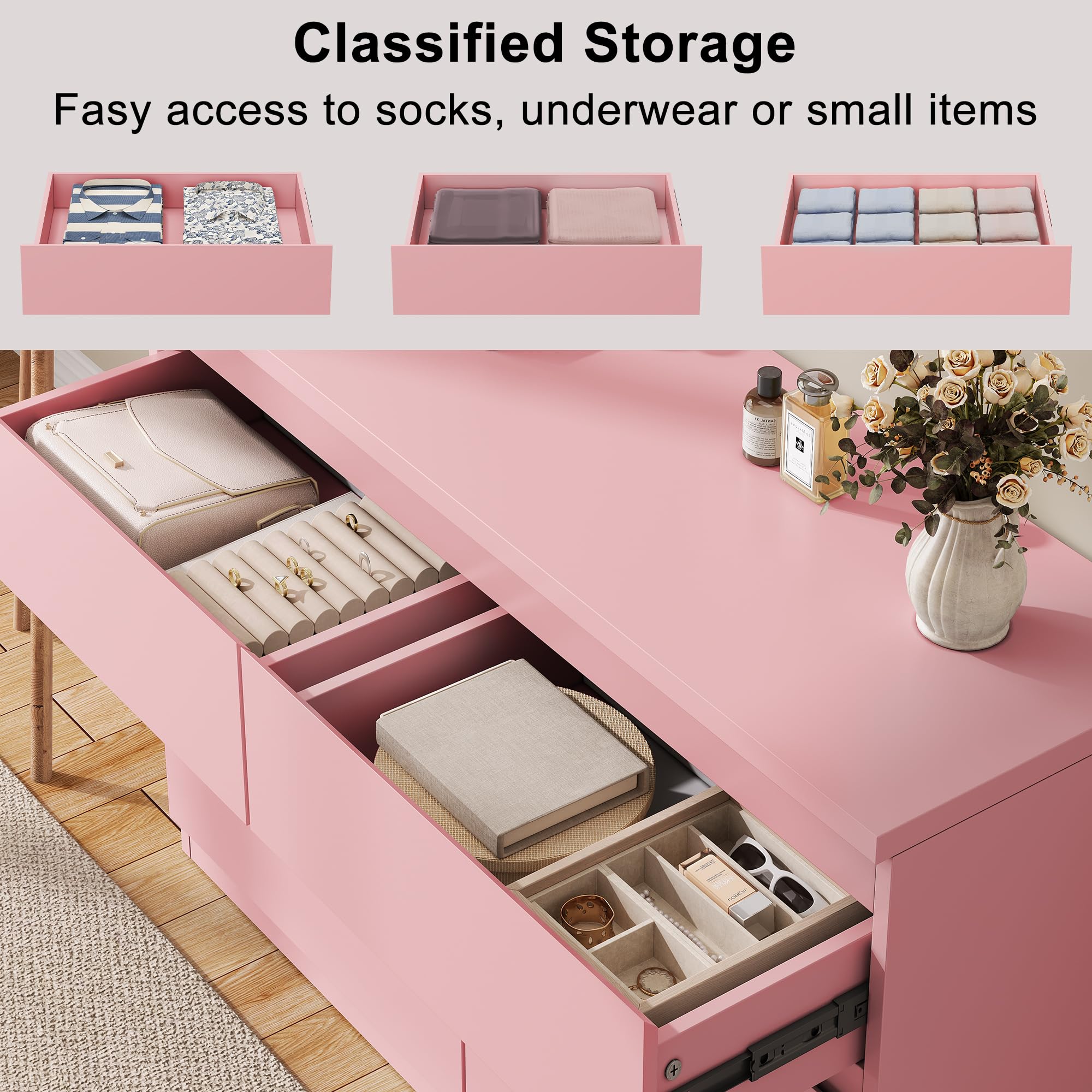 6-Drawer Pink Dresser with Metal Rails