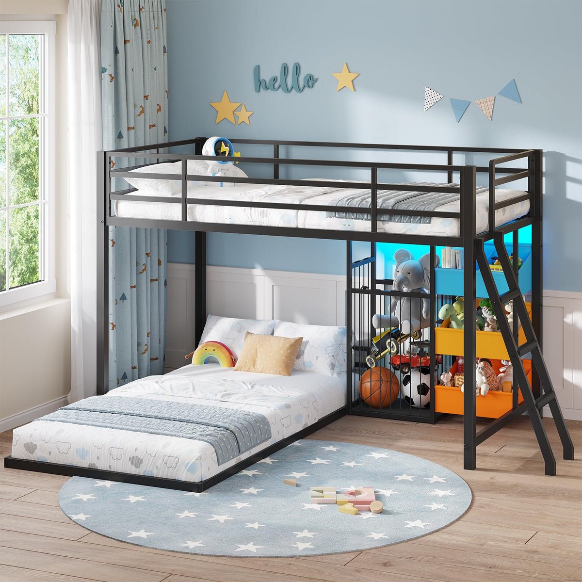 Hasuit Bunk Bed Twin Over Twin Size with Large Toy Storage Organizer and 3 Bins, Twin Bunk Beds with LED Lights, Metal L-Shaped Loft Bed with 13.4" H Safety Guardrail & Ladder, for Kids & Teens, Black