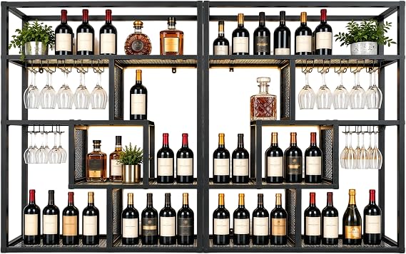 Gold Wall-Mounted Wine Rack with Glass Holder