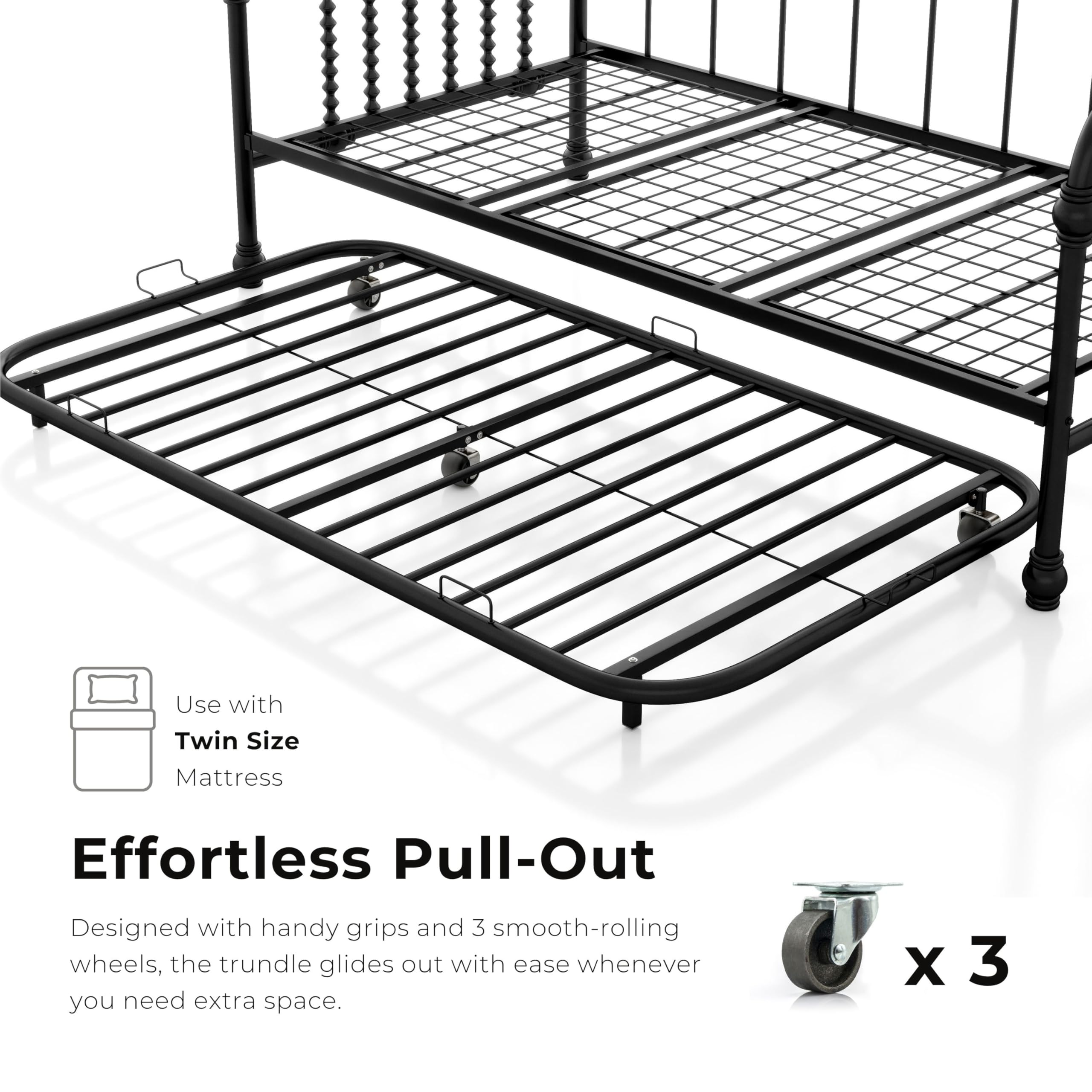 Furniture of America Wren Modern Metal Twin Size Daybed with Trundle and Wheels, Sofa Bed with Spindles and Checker-Box Frame for Living Room, Bedroom, Guest Room, Gold