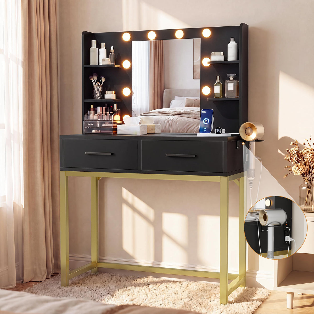 Black LED Mirror Vanity Desk