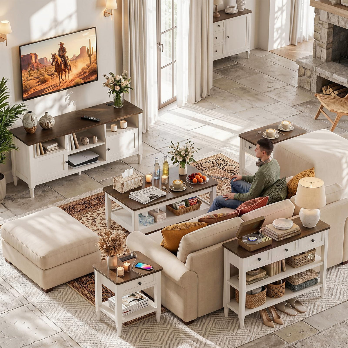 Foxemart 40" Farmhouse Coffee Table, Rustic White