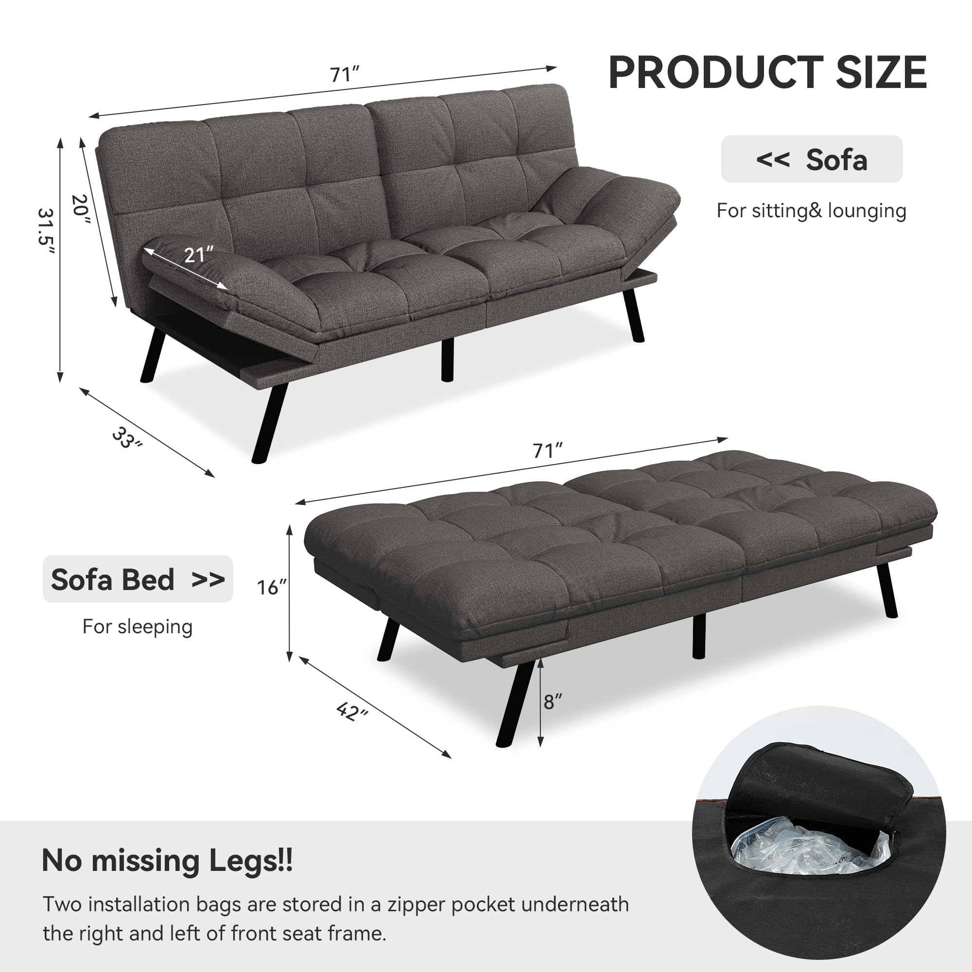 Vipbear Convertible Futon Sofa Bed,Grey Linen Futon Couch with Detachable Cushion,Adjustable Backrest & Armrest,Modern Small Recliner Loveseat Sleeper Couch for Living Room,Office,Apartment