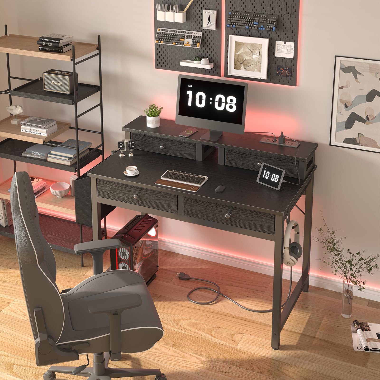 Small Desk with Drawers, Power Outlet & Monitor Stand, 31 Inch