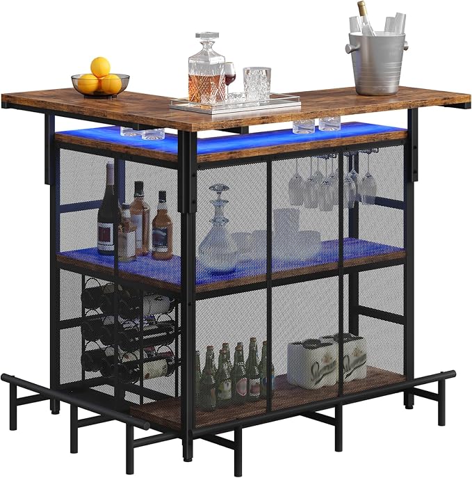 L-Shaped Corner Bar Table with LED Lights & 4-Tier Shelves
