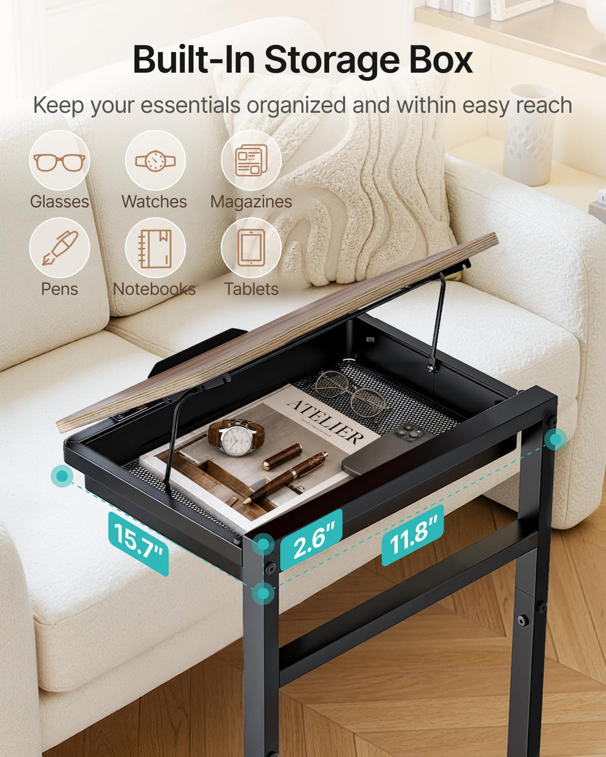 PEGZONE TV Tray Table, C-Shaped Couch Table with Storage, 4-Level Tilt-Top