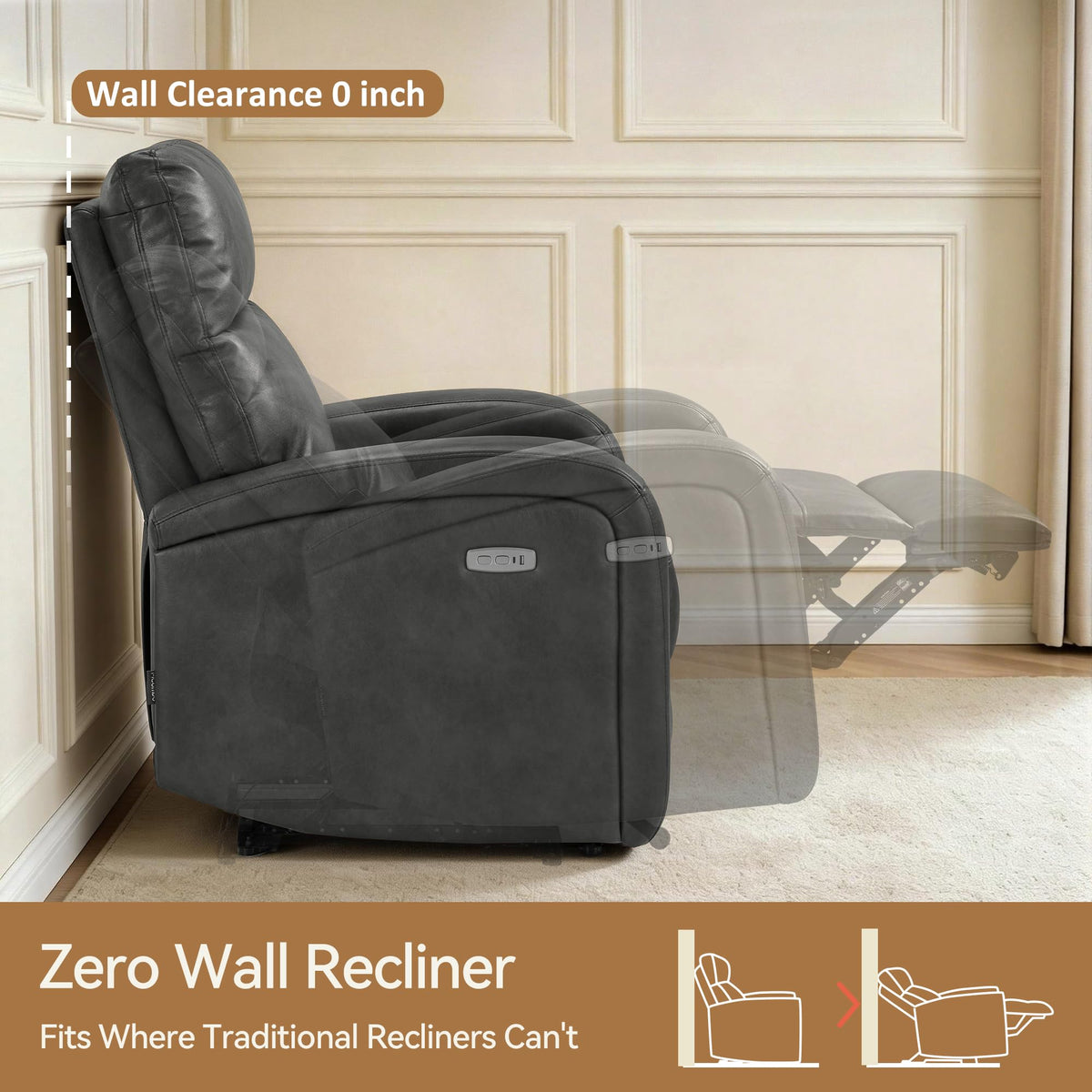 MCombo Zero Wall Recliner Chair, Power Wall Hugger Recliner with USB & Type-C Dual Charge Ports for Small Space, Living Room, RV PR644 (Dark Grey)