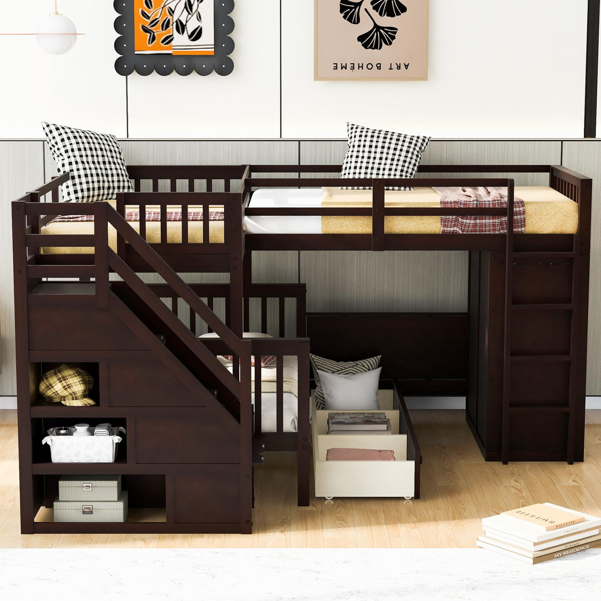 Bellemave L Shaped Triple Bunk Bed with Storage Staircase, Wardrobe, Desk & Drawers, Wooden Bunk Bed for 3 Kids, Twin Over Full Bunk Beds, L-Shaped Loft Bed for Kids, Teens, Adults (Espresso)