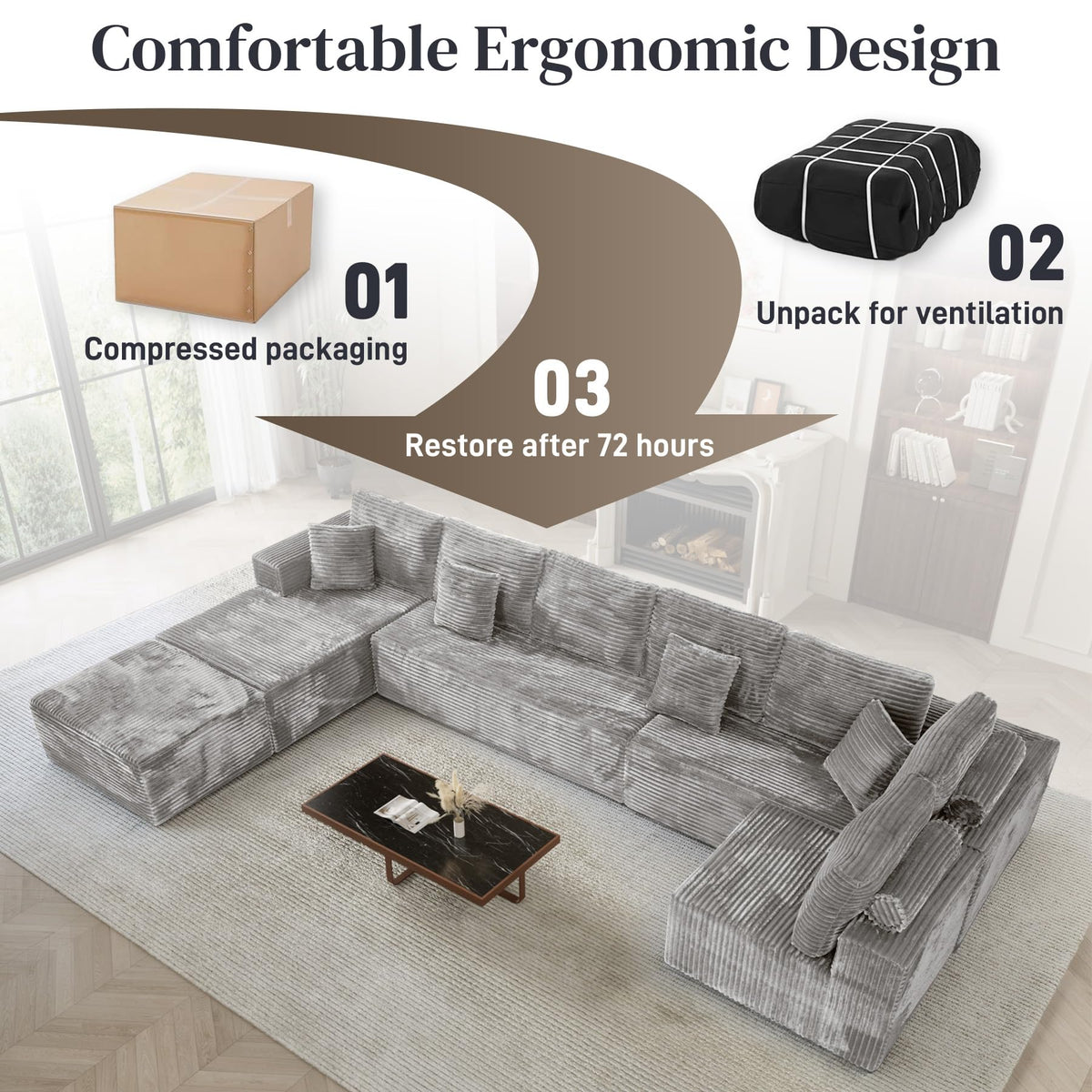 ONEMMLION 177" U-Shaped Boneless Cloud Modular Sectional Sofa, Light Grey
