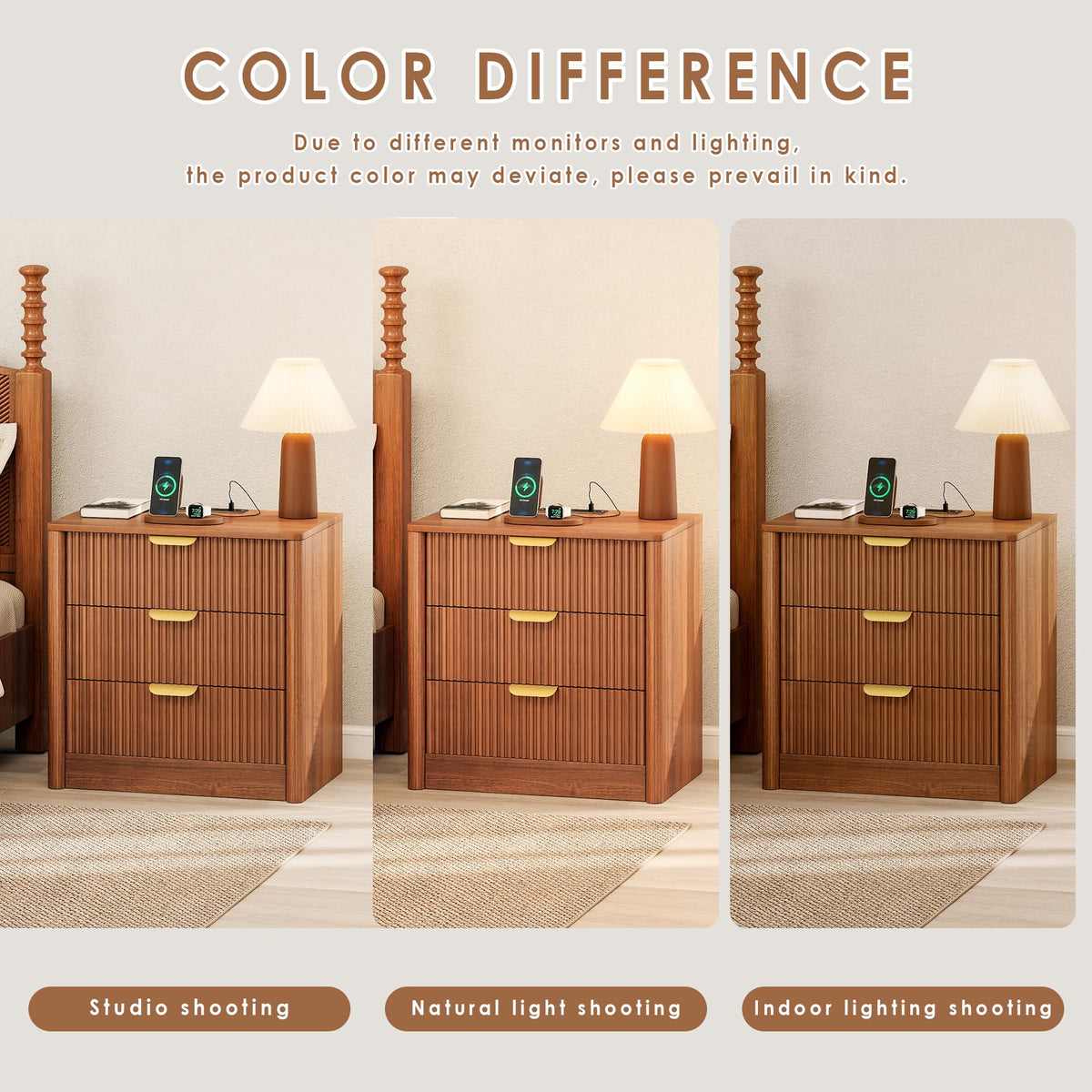 PLRSOZIM 23.6" Walnut Fluted Nightstand with Charging Station and 3 Drawers