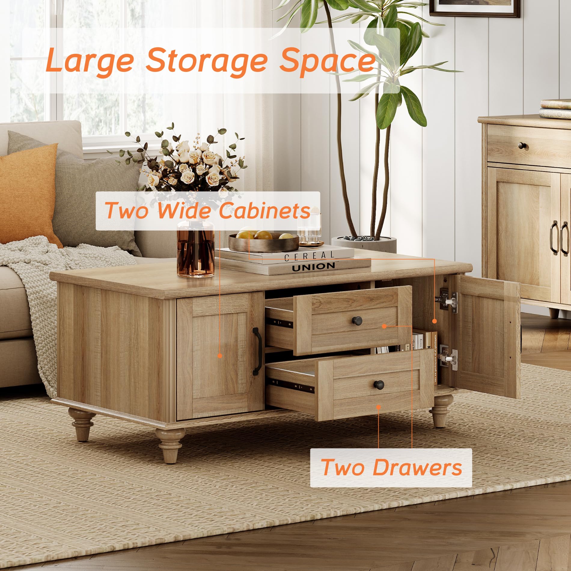 WAMPAT Farmhouse TV Stand and Coffee Table Set of 2, Wooden Television Stand for 75 Inch TV, Rectangle Center Tables with Storage Cabinet, 2 Piece Living Room Table Set, Oak