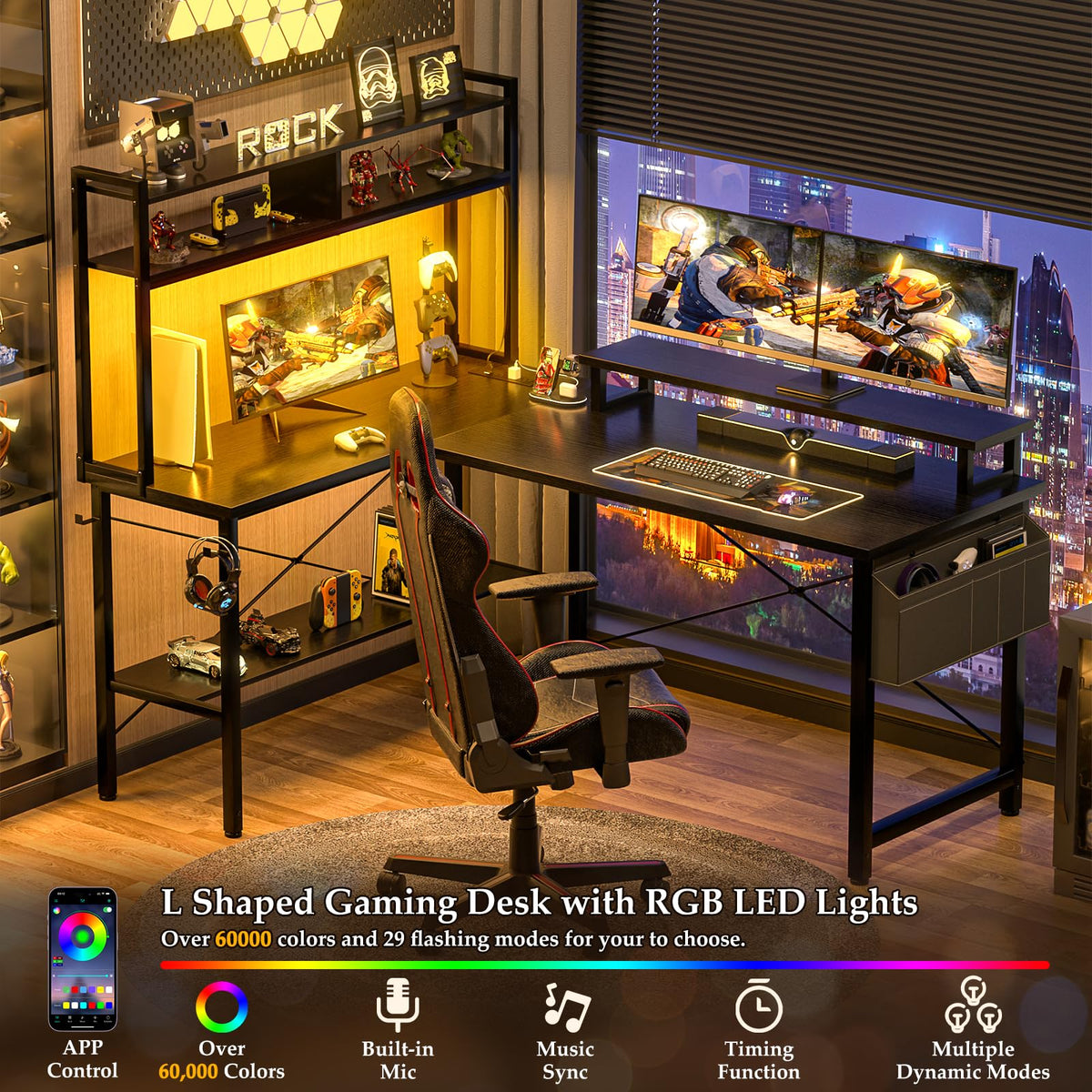 Aheaplus L Shaped Gaming Desk with Power Outlets & LED Lights, Black