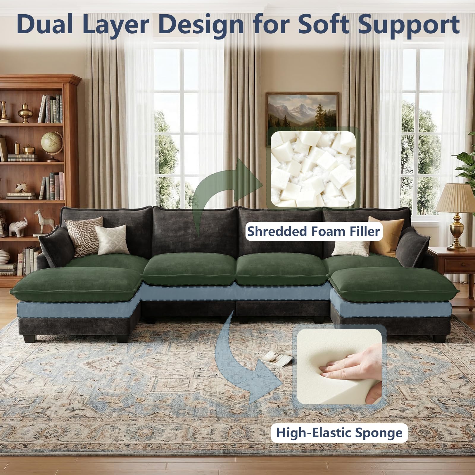 OhaiAura U Shaped Modular Sectional Sofa, Cloud Couch with Movable Ottoman, Comfy Chenille Sofa with Pillows for Living Room, Bedroom, Apartment, Black