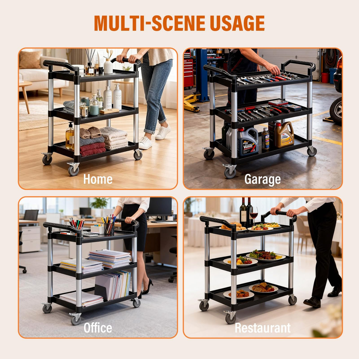 FNOONXY Plastic Commercial Cart Large Size, Restaurant Cart with Wheels Lockable, Heavy Duty Utility Service Cart for Foodservice, Commercial,Office, Warehouse, Black, Load Capacity 510 lbs (231 kg)