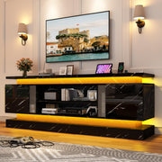 71" 2 LED Marble TV Stand for TVs 85 inch,High Gloss Gaming Tall Entertainment Center w/Power Outlet,6000-Colors LED Lights,Modern TV Media Console Table with 2 Cabinets for Living Room,Black Marble