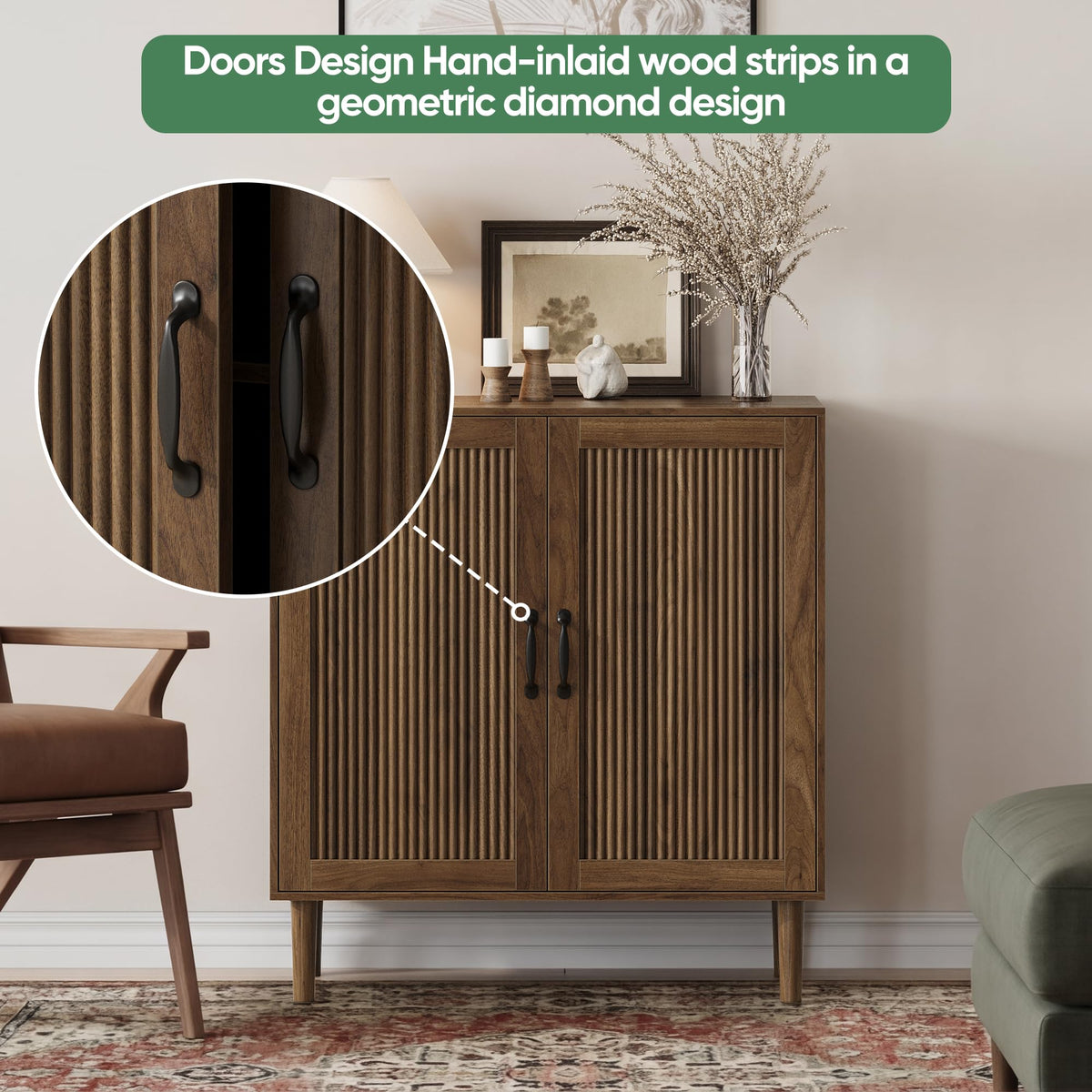 Algherohein Sideboard Cabinet with Adjustable Shelf, Freestanding Small Buffet with Storage, Wooden Console Cabinet with Gradien Fluted Doors for Living Room, Entryway, Console 31.5 in (Walnut)