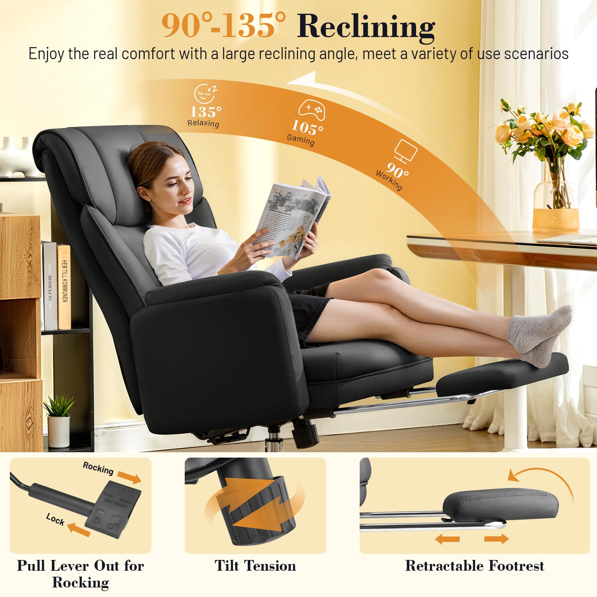Wide Reclining Office Chair with Footrest & Lumbar Support