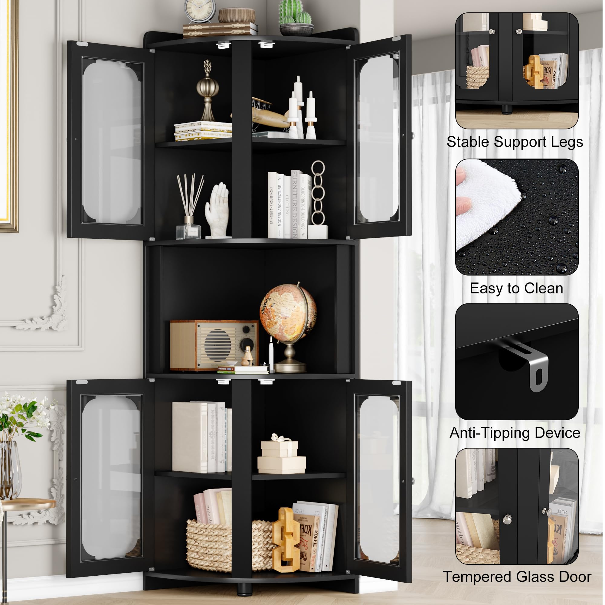 Corner Storage Cabinet 69" Tall | 5-Tier Shelves & Glass Doors