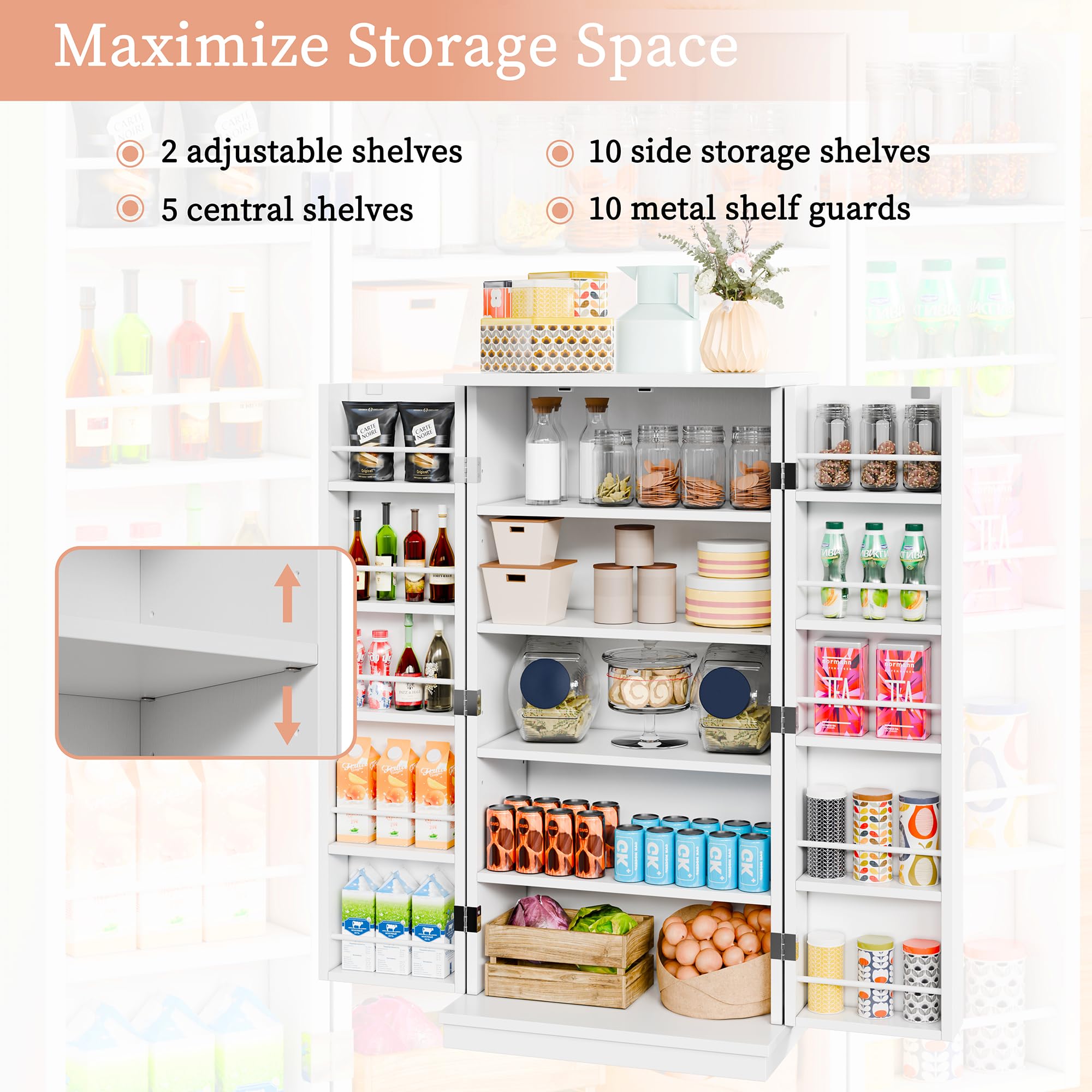 Meilocar 47in Kitchen Pantry Cabinet, Wood Kitchen Storage Pantry Cabinets Freestanding Pantries Cabinets with Doors & Adjustable Shelves, White
